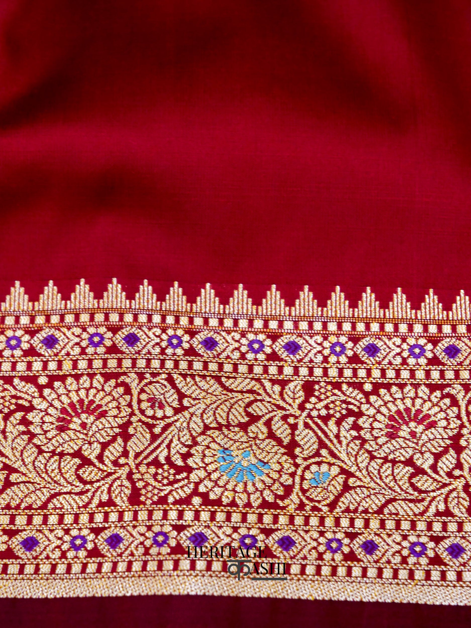 Blood Red Katan Silk Buti With Minakari Border Saree