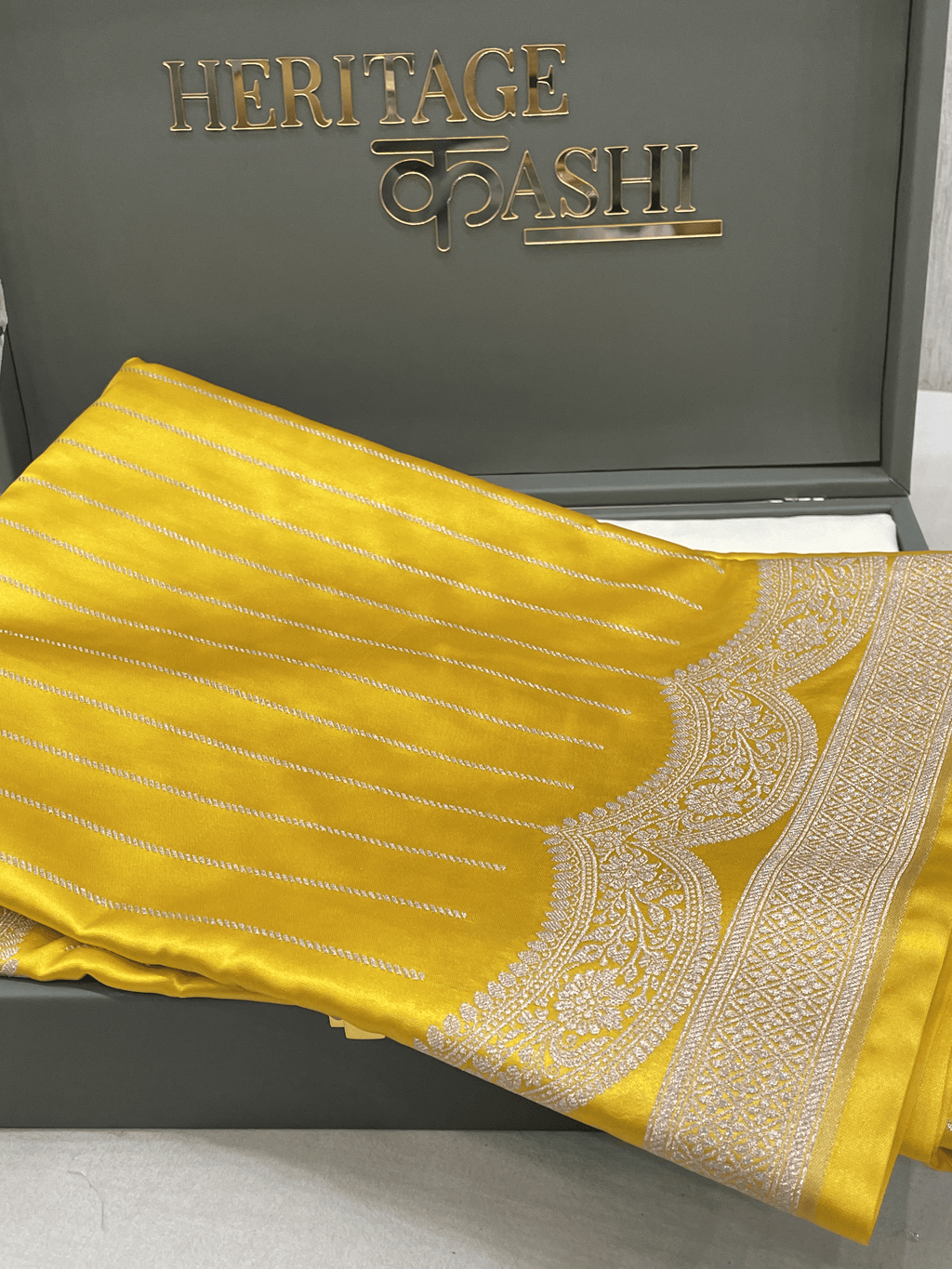 Bright Yellow Mashru Katan Stripe Fancy U Border Silk Saree