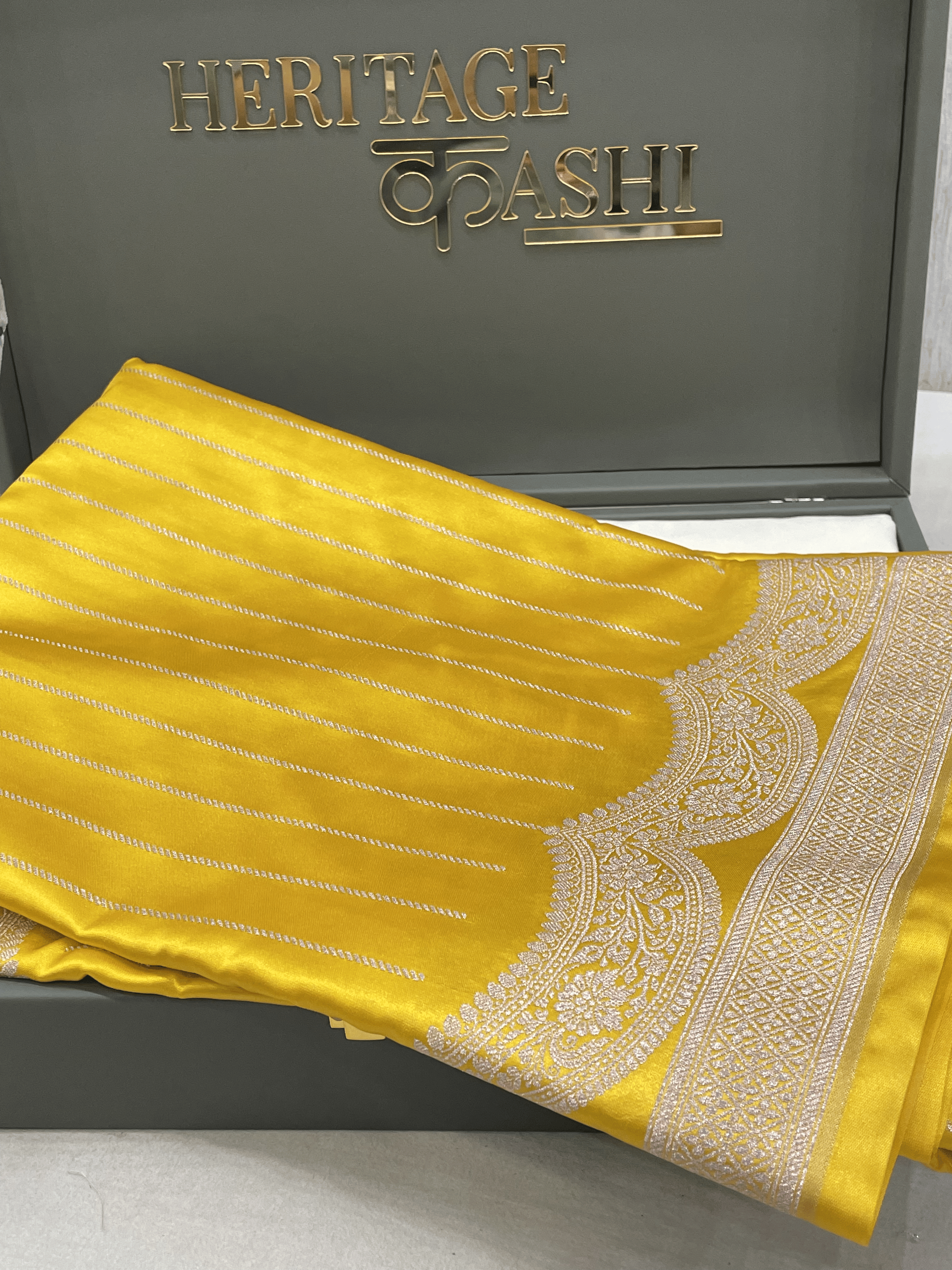 Bright Yellow Mashru Katan Stripe Fancy U Border Silk Saree