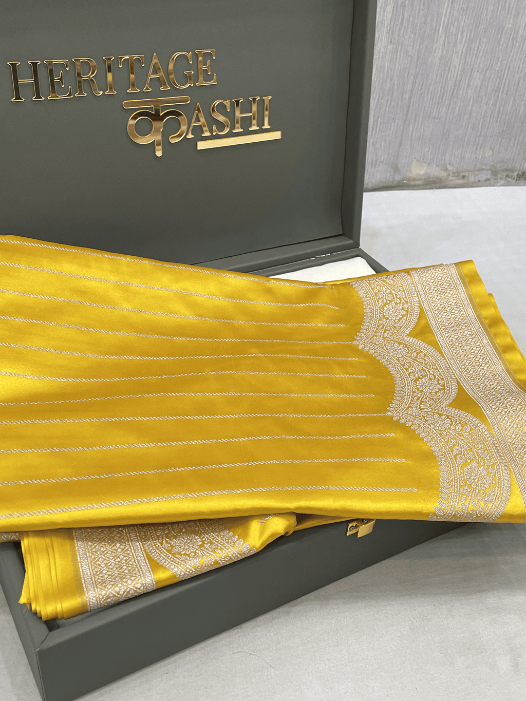 Bright Yellow Mashru Katan Stripe Fancy U Border Silk Saree