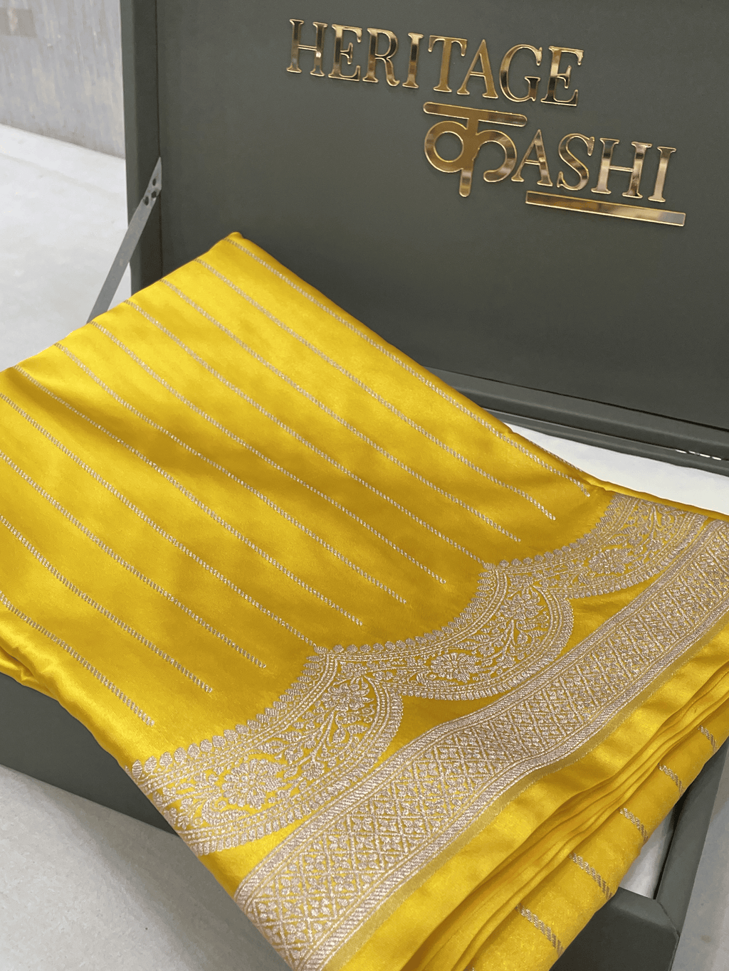 Bright Yellow Mashru Katan Stripe Fancy U Border Silk Saree