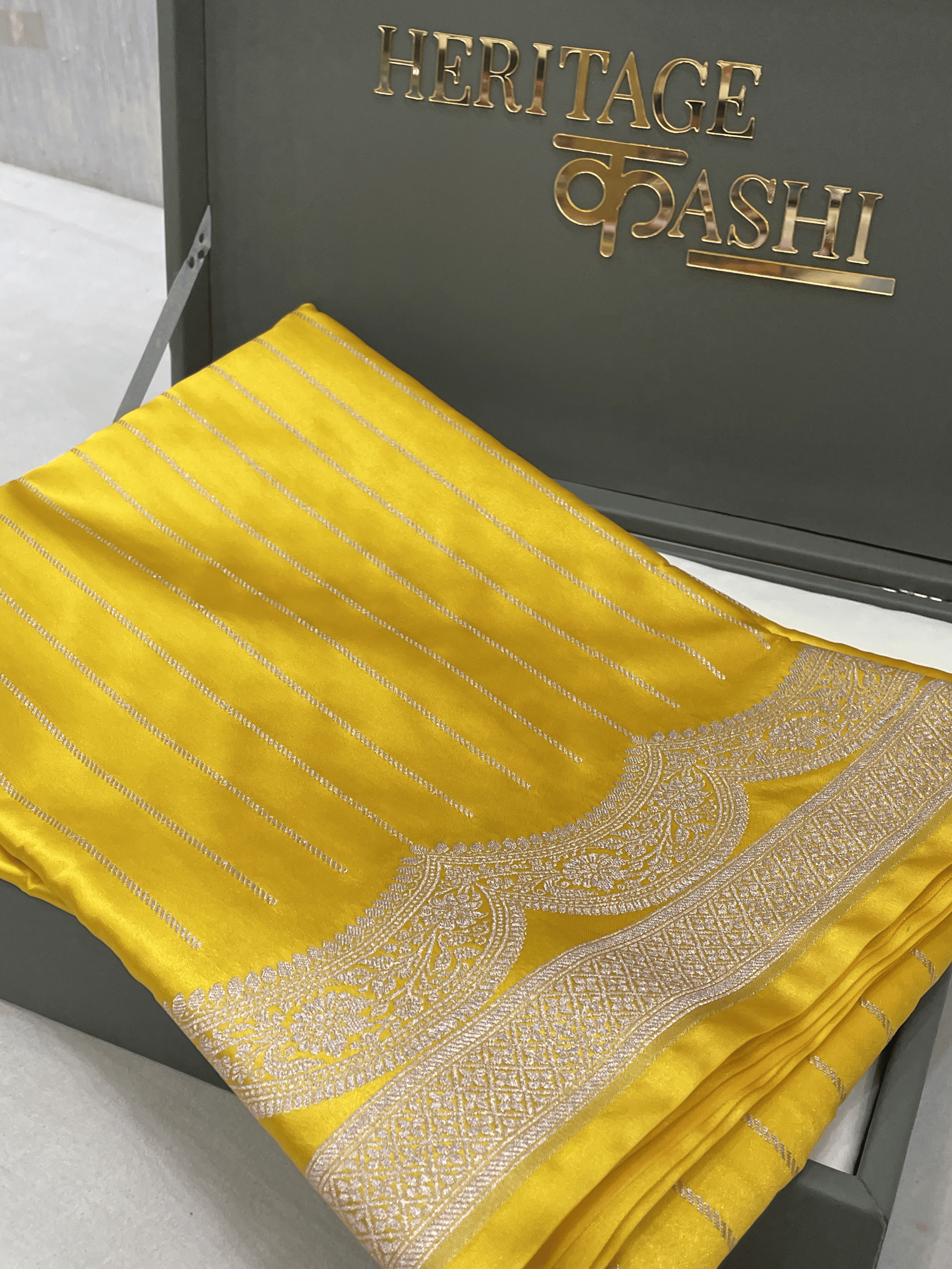 Bright Yellow Mashru Katan Stripe Fancy U Border Silk Saree