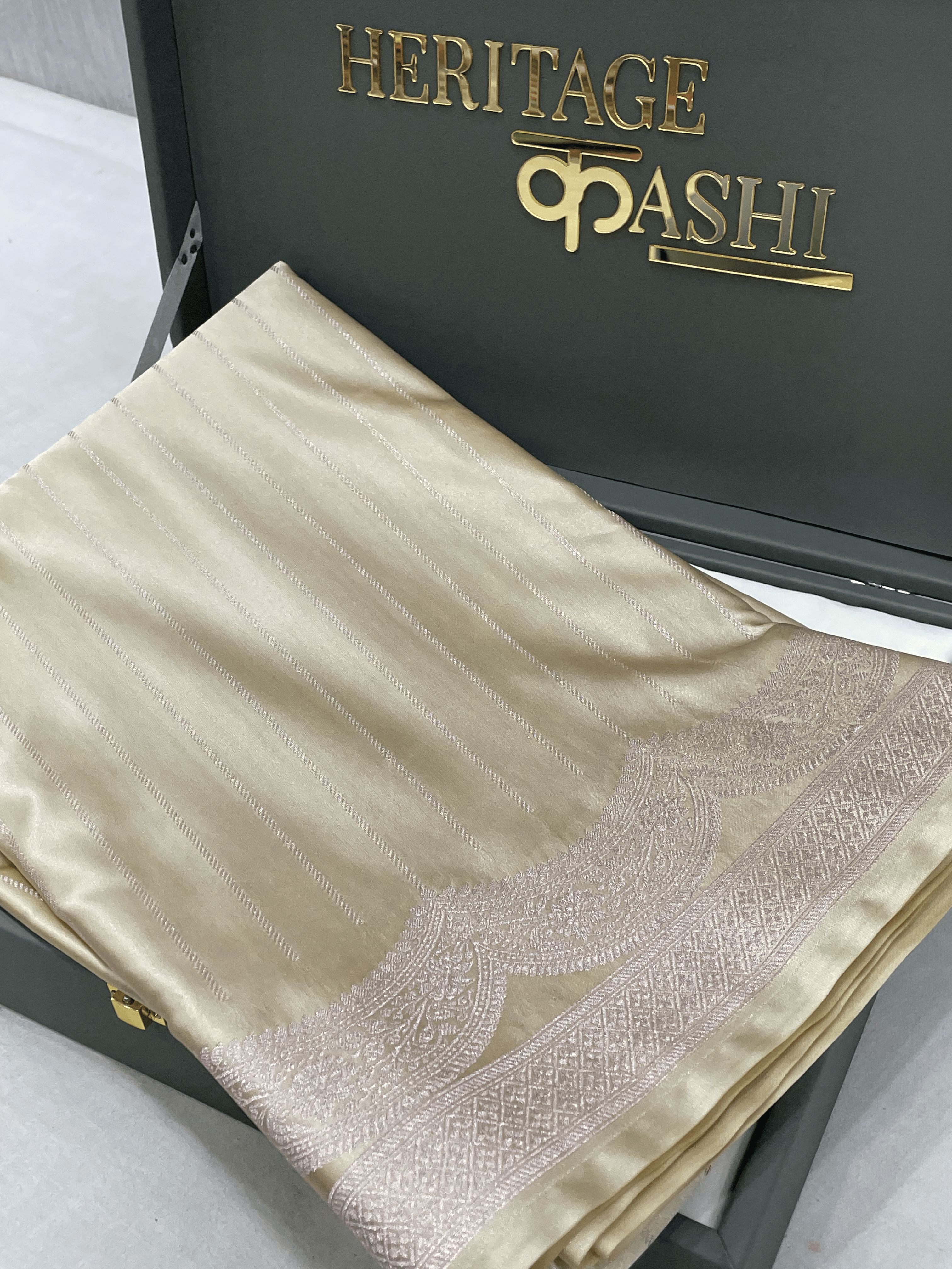 Champagne Beige Mashru Katan Stripe Fancy U Border Silk Saree