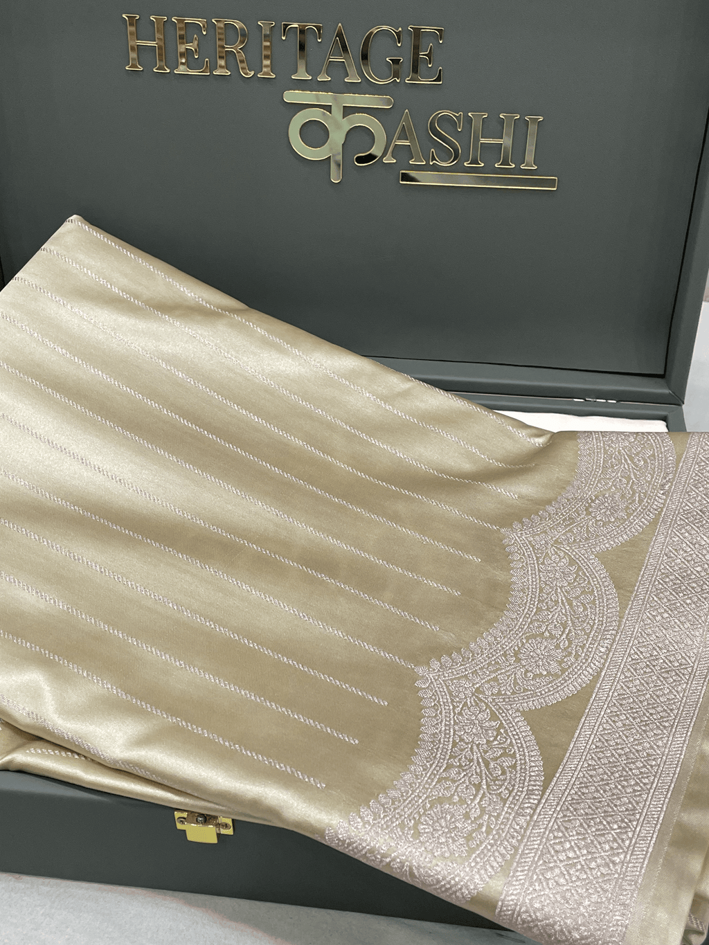 Champagne Beige Mashru Katan Stripe Fancy U Border Silk Saree