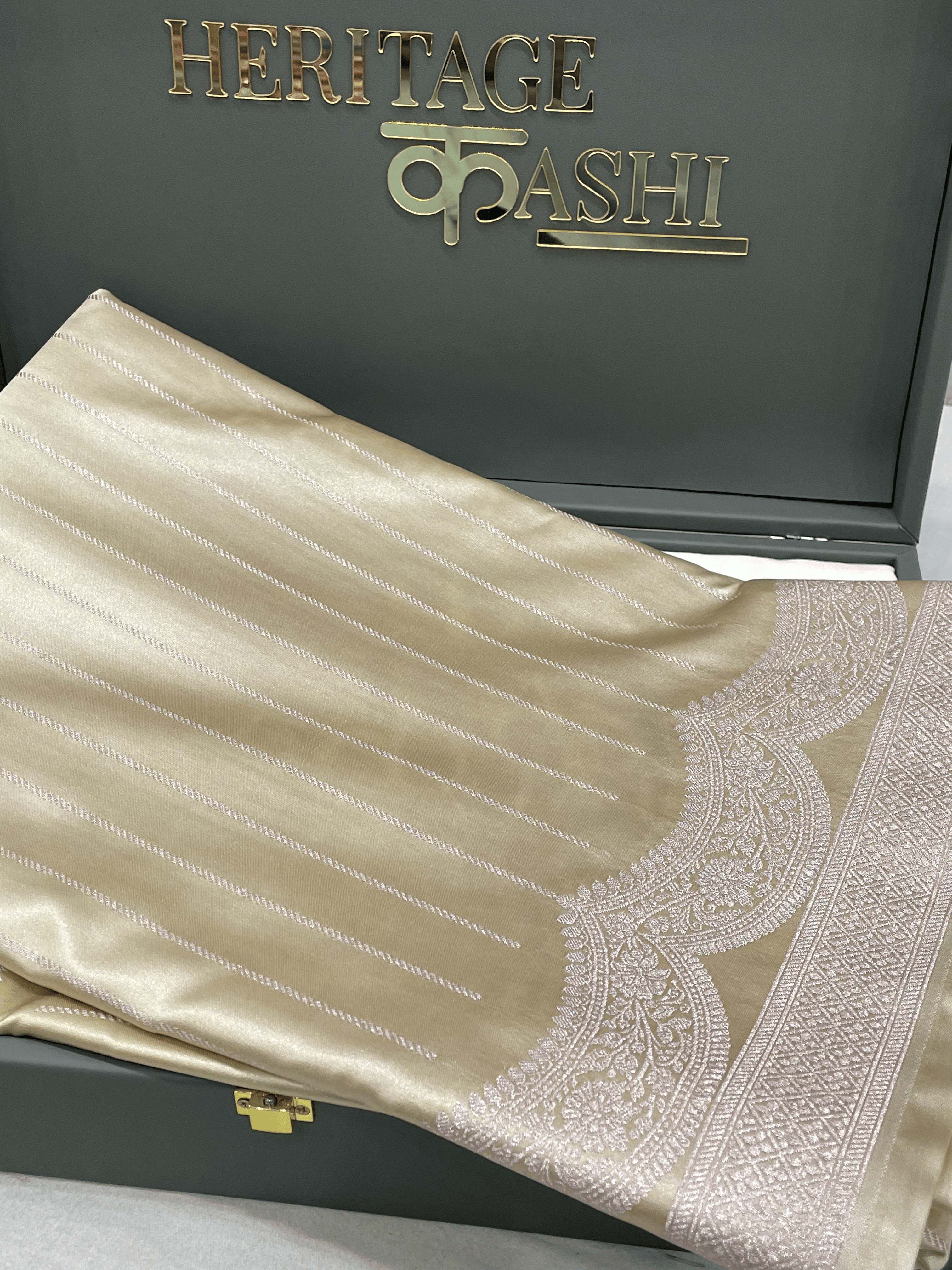 Champagne Beige Mashru Katan Stripe Fancy U Border Silk Saree