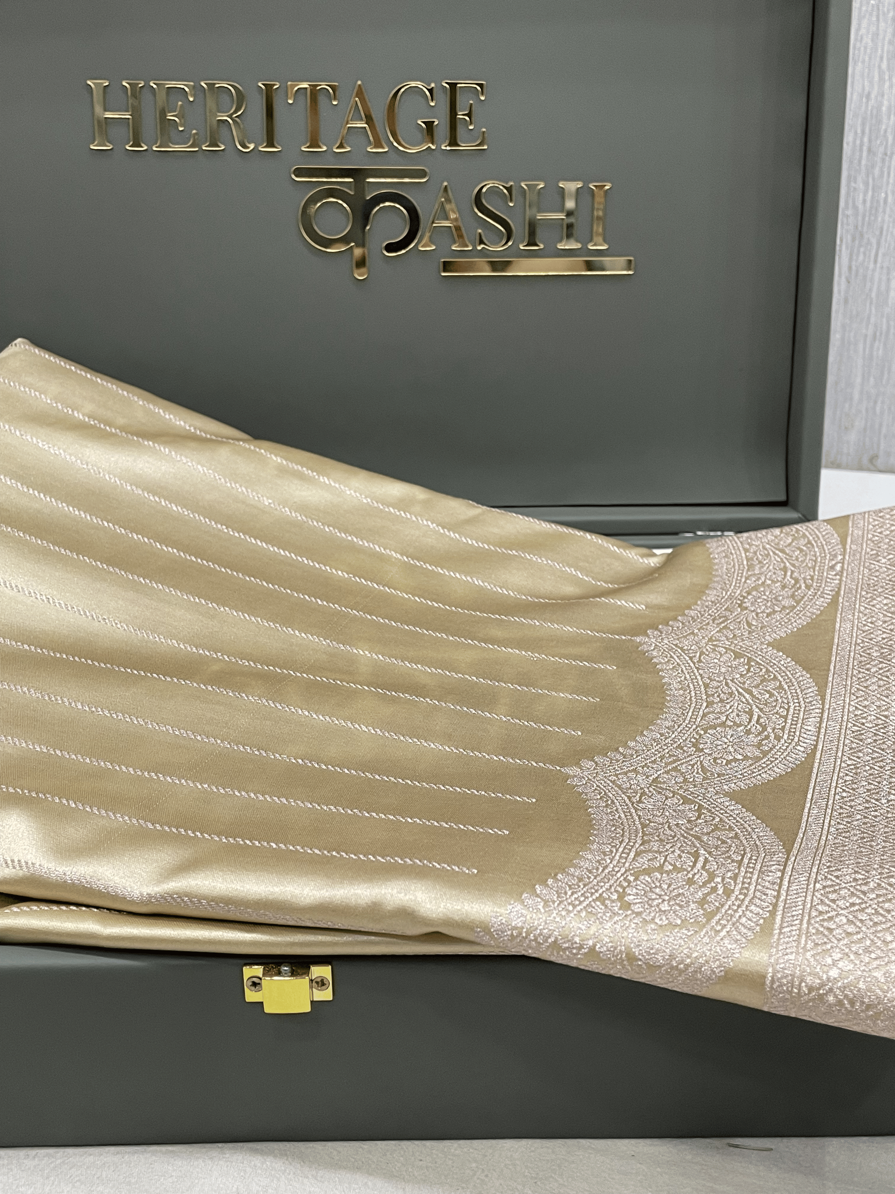 Champagne Beige Mashru Katan Stripe Fancy U Border Silk Saree