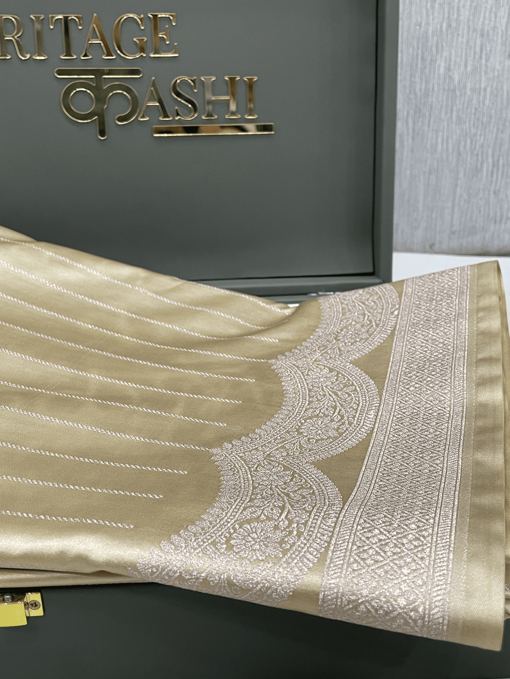 Champagne Beige Mashru Katan Stripe Fancy U Border Silk Saree