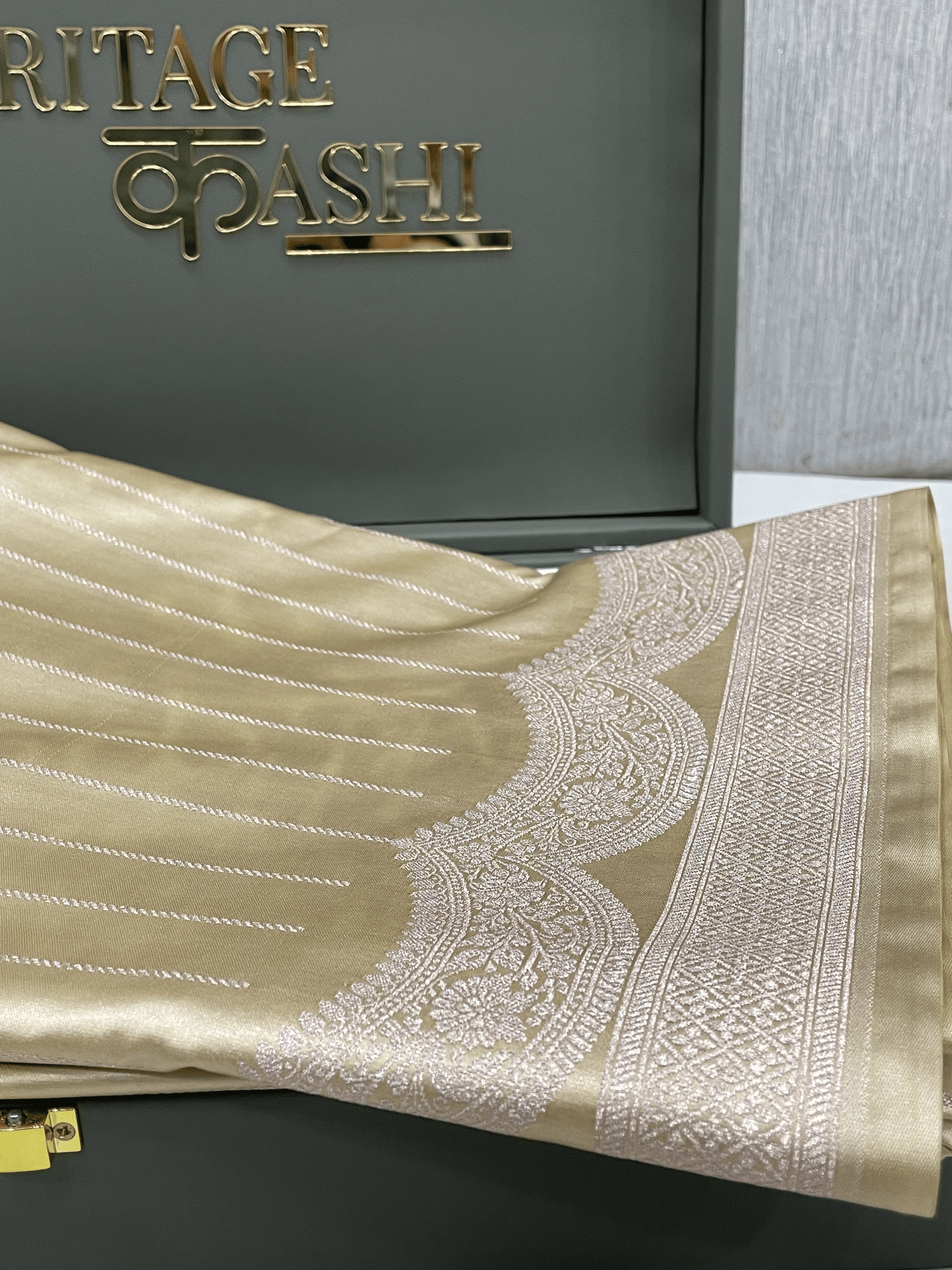 Champagne Beige Mashru Katan Stripe Fancy U Border Silk Saree