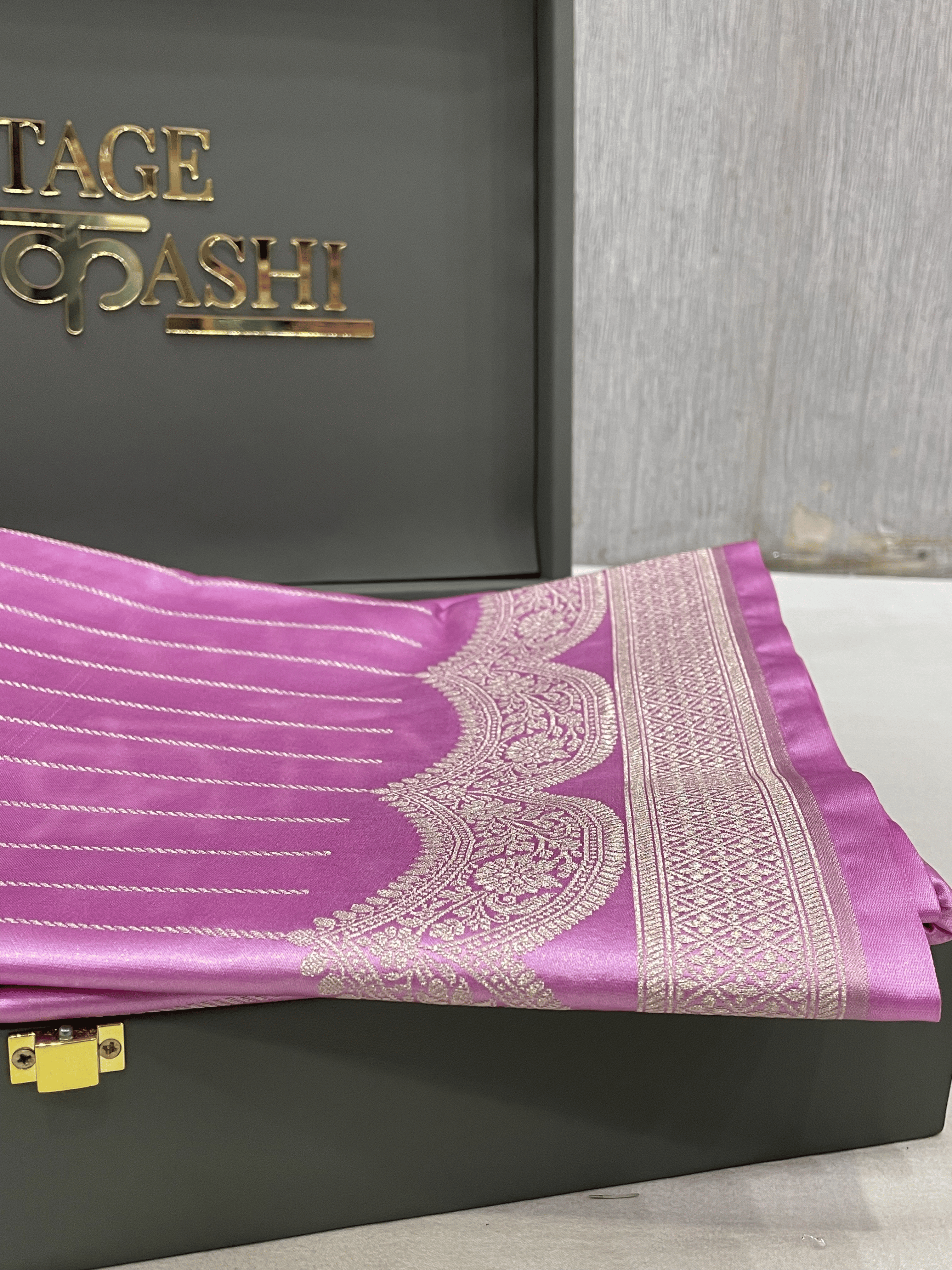 Lavender Pink Mashru Katan Stripe Fancy U Border Silk Saree