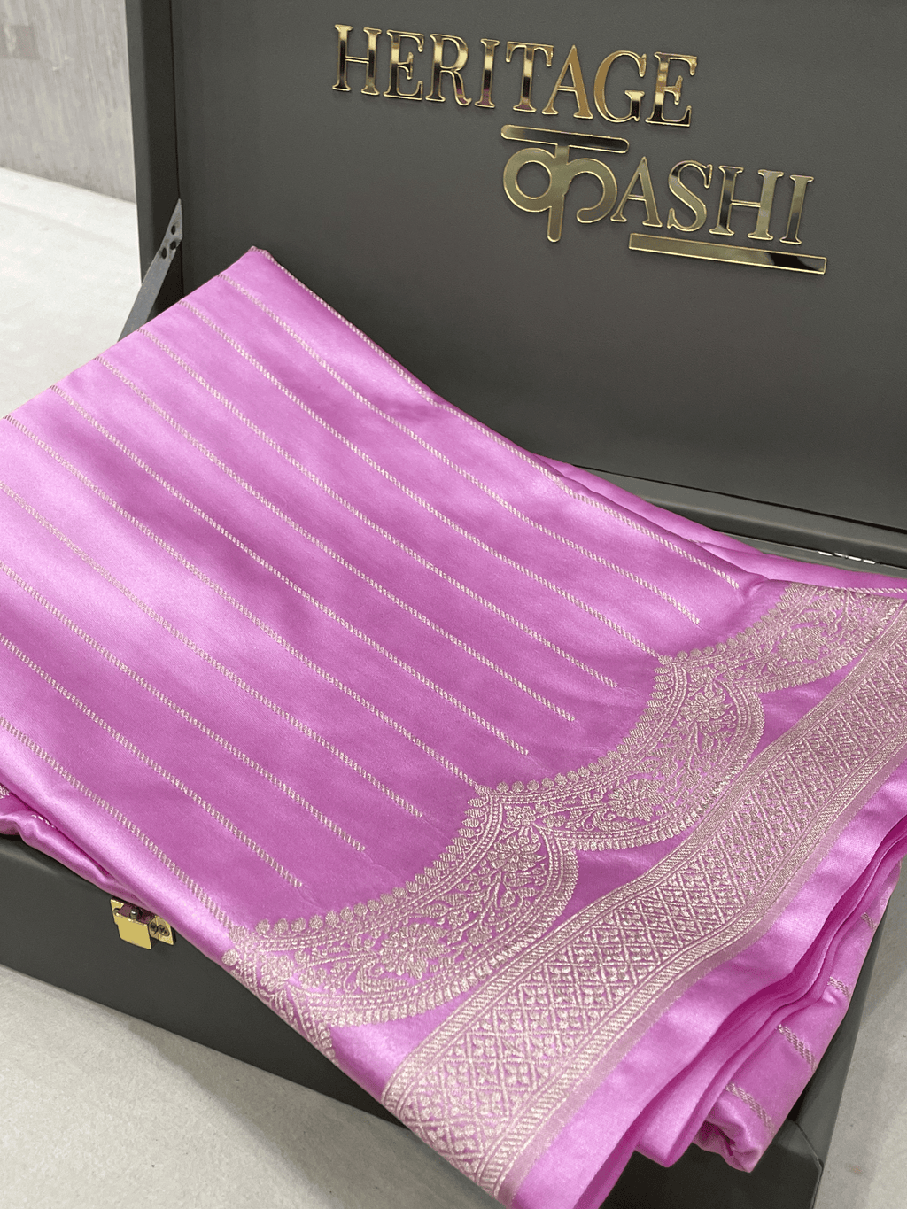 Lavender Pink Mashru Katan Stripe Fancy U Border Silk Saree