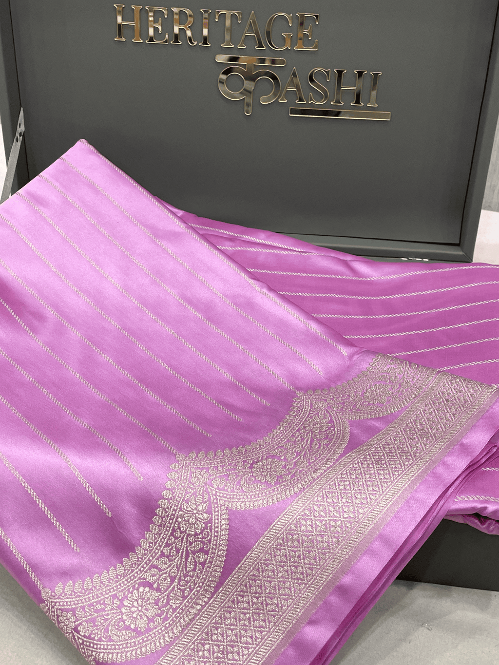 Lavender Pink Mashru Katan Stripe Fancy U Border Silk Saree