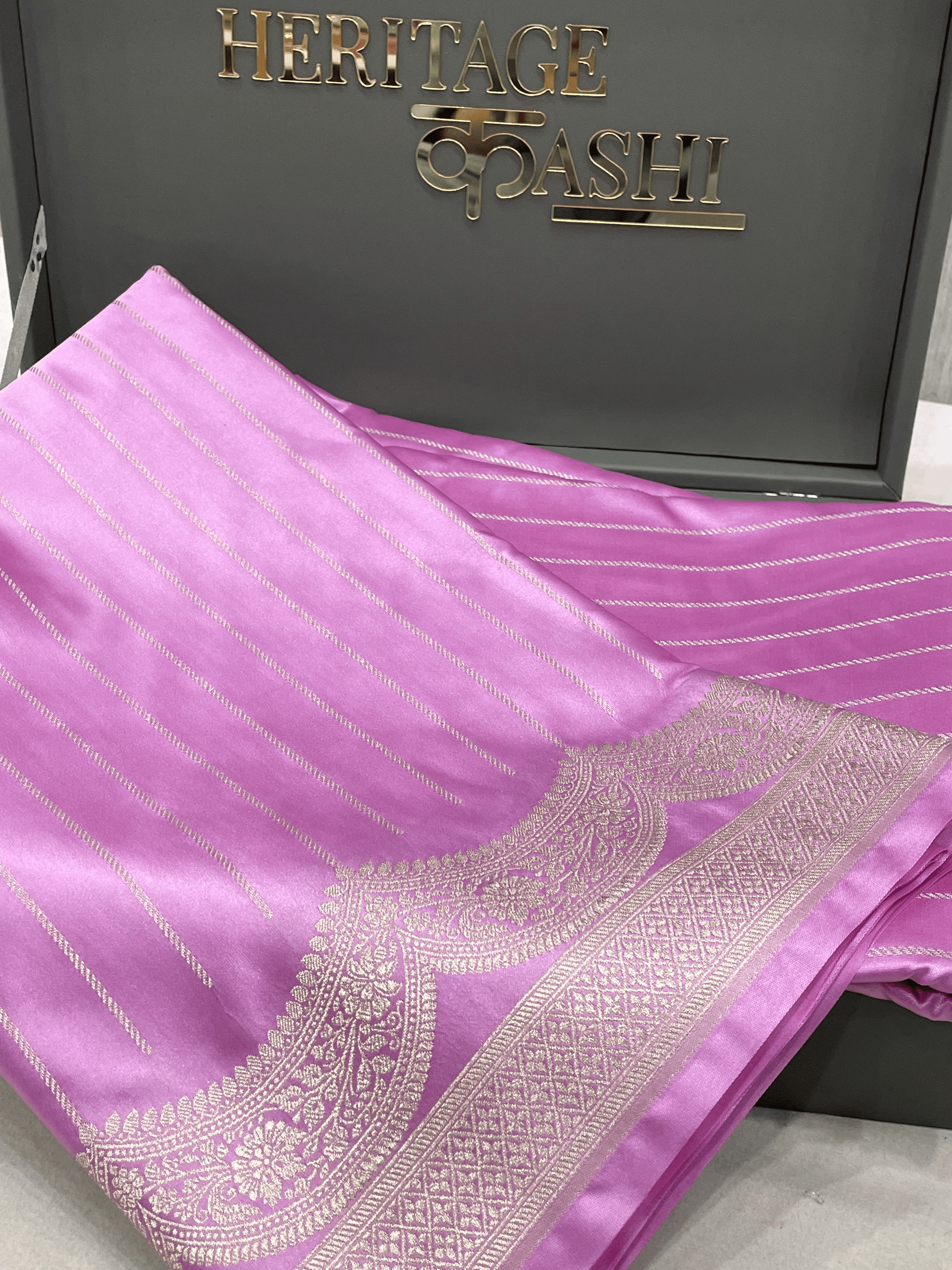 Lavender Pink Mashru Katan Stripe Fancy U Border Silk Saree