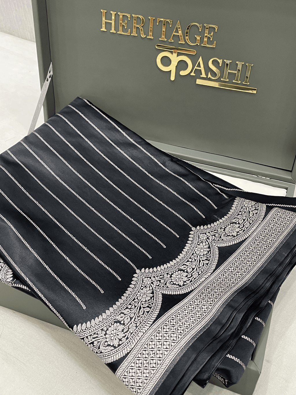 Black with silver Mashru Katan Stripe Fancy U Border Silk Saree