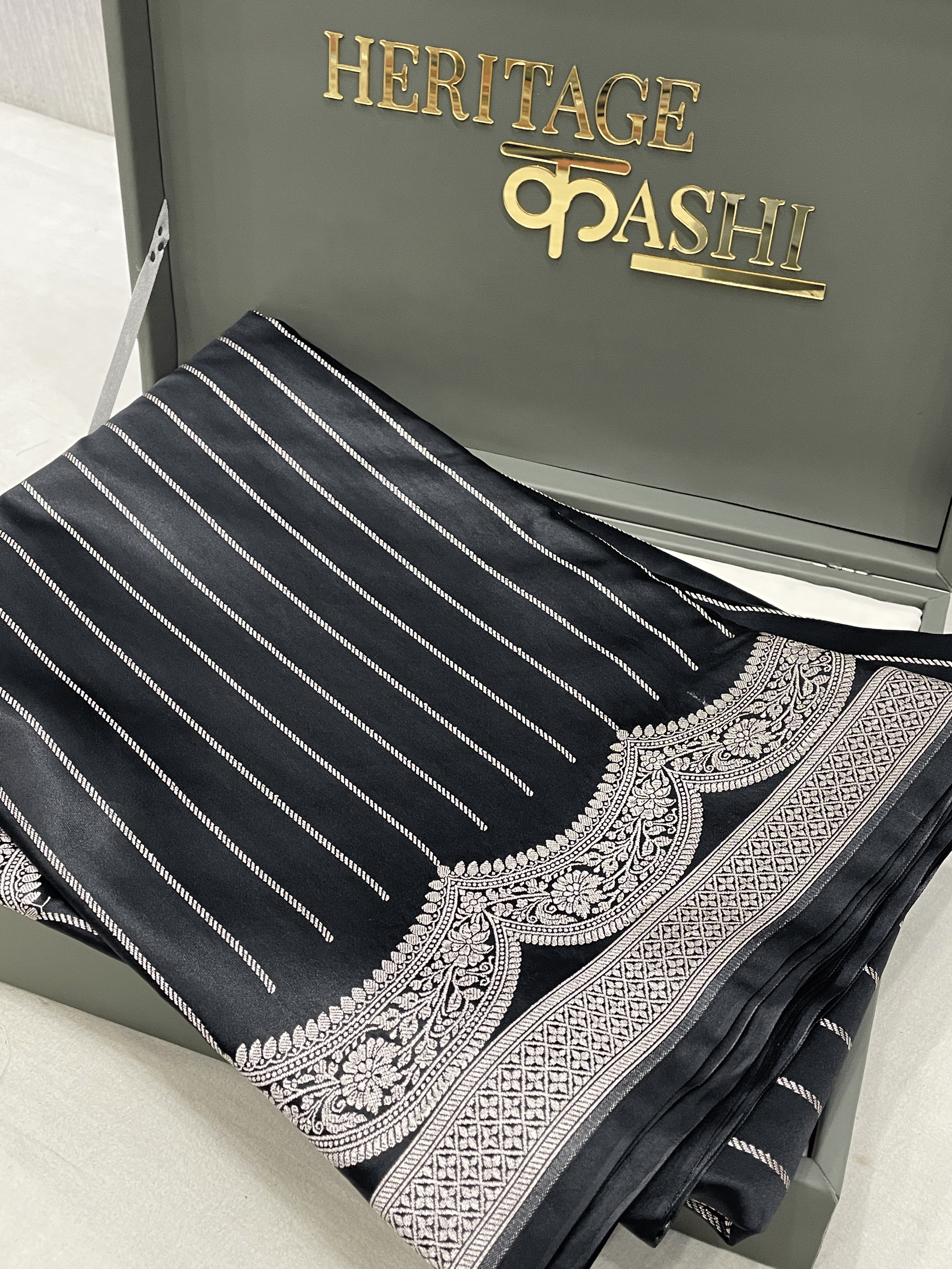 Black with silver Mashru Katan Stripe Fancy U Border Silk Saree