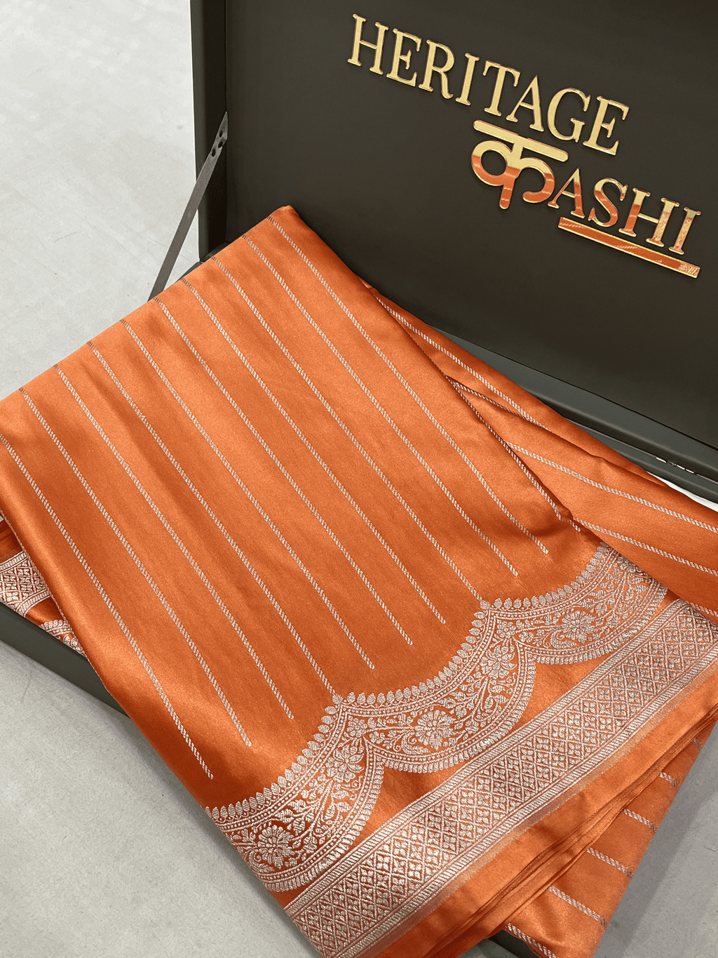 Orange Mashru Katan Stripe Fancy U Border Silk Saree
