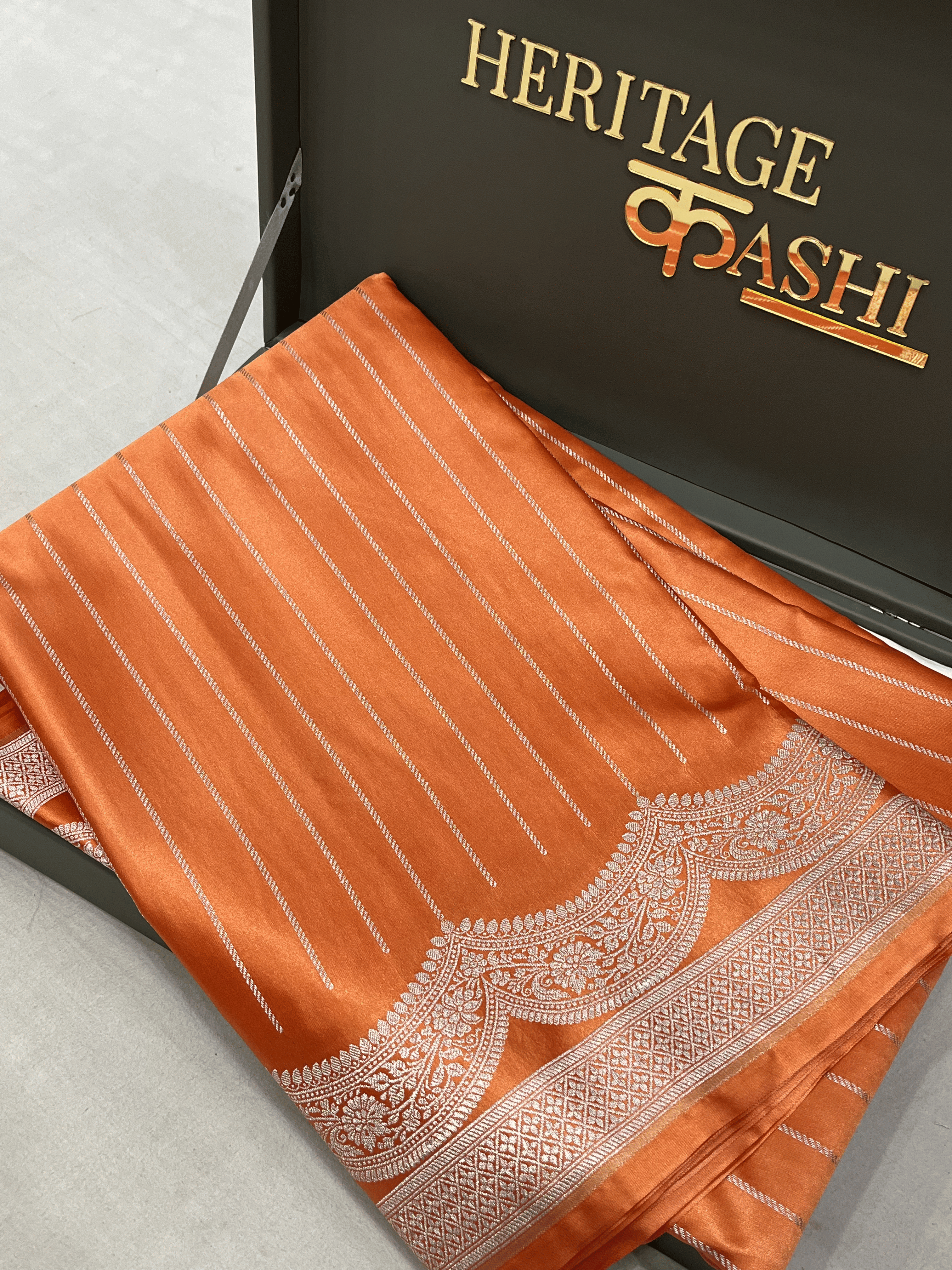Orange Mashru Katan Stripe Fancy U Border Silk Saree