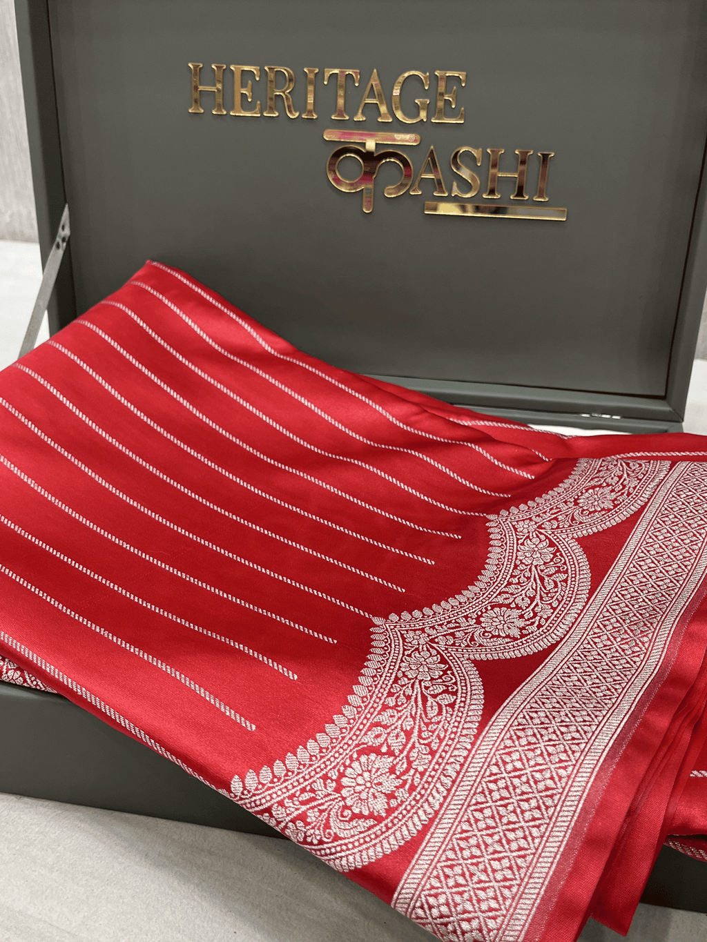 Rich Red Mashru Katan Stripe Fancy U Border Silk Saree