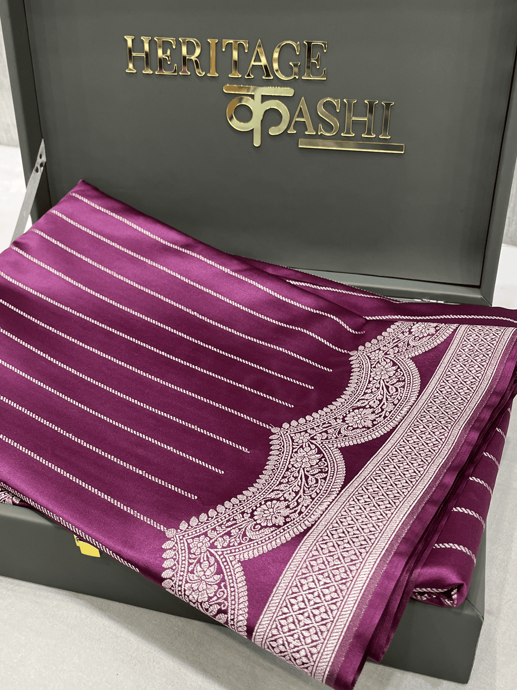 Wine Purple Mashru Katan Stripe Fancy U Border Silk Saree