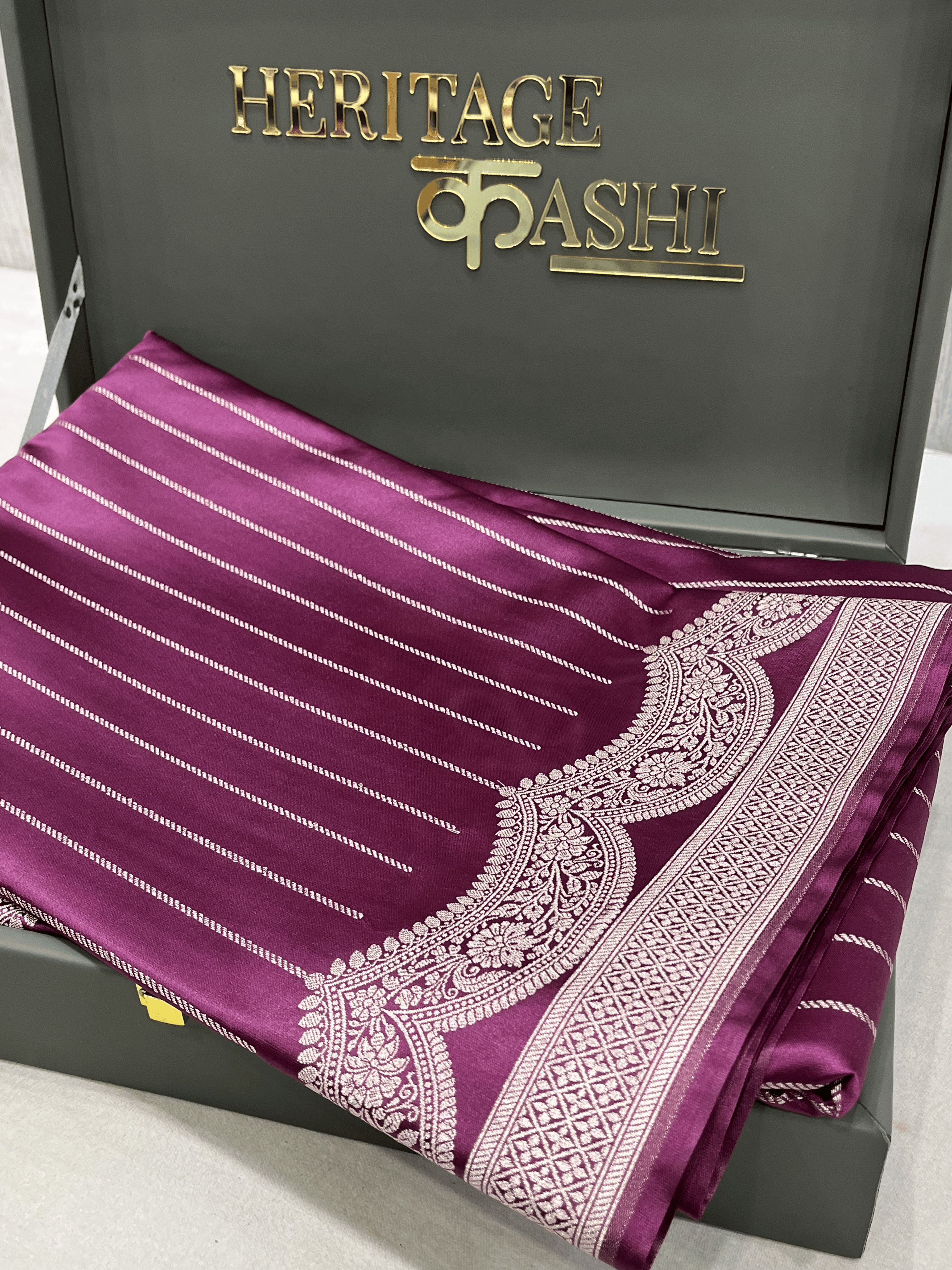 Wine Purple Mashru Katan Stripe Fancy U Border Silk Saree