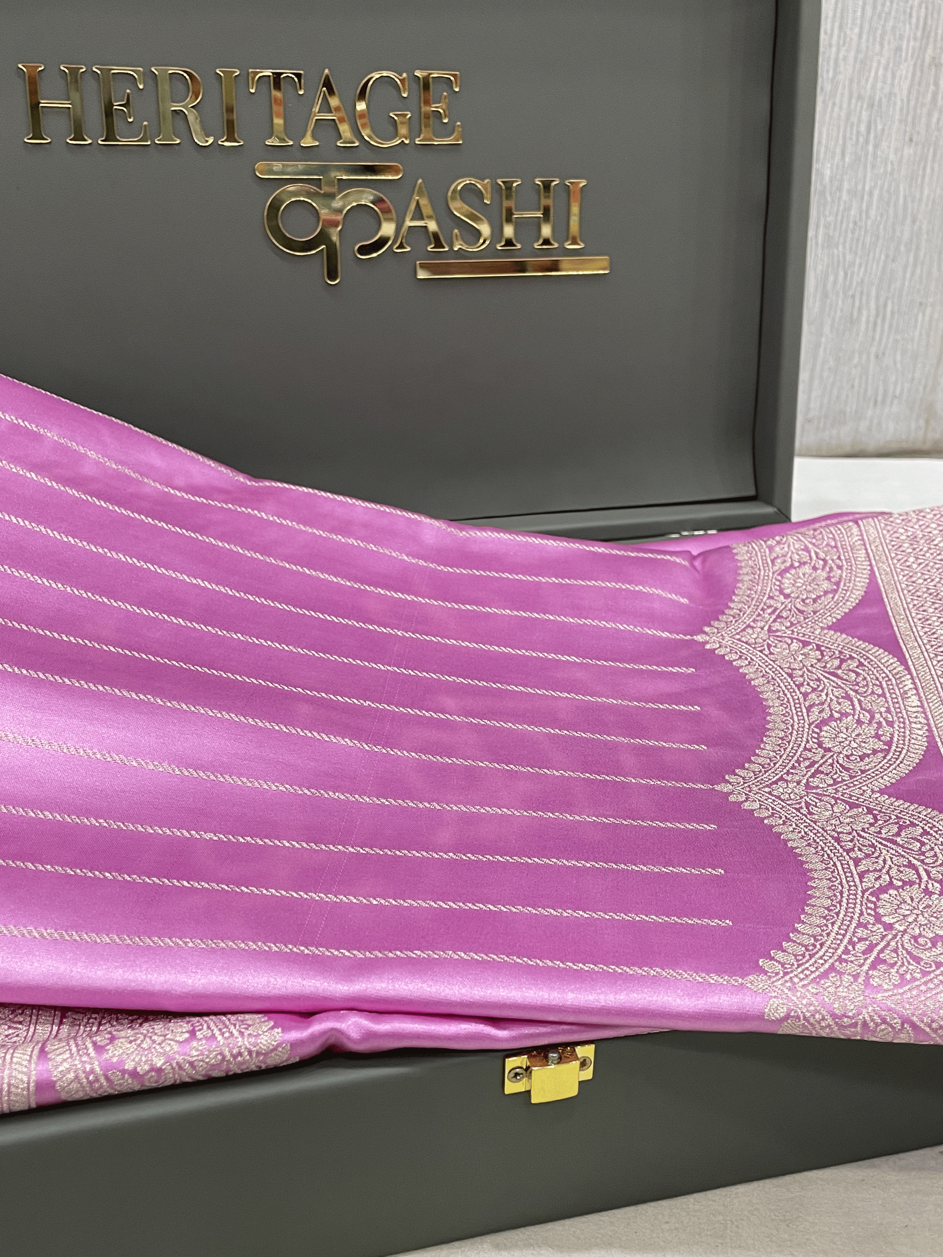Lavender Pink Mashru Katan Stripe Fancy U Border Silk Saree