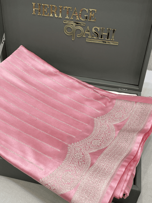Baby Pink Mashru Katan Stripe Fancy U Border Silk Saree