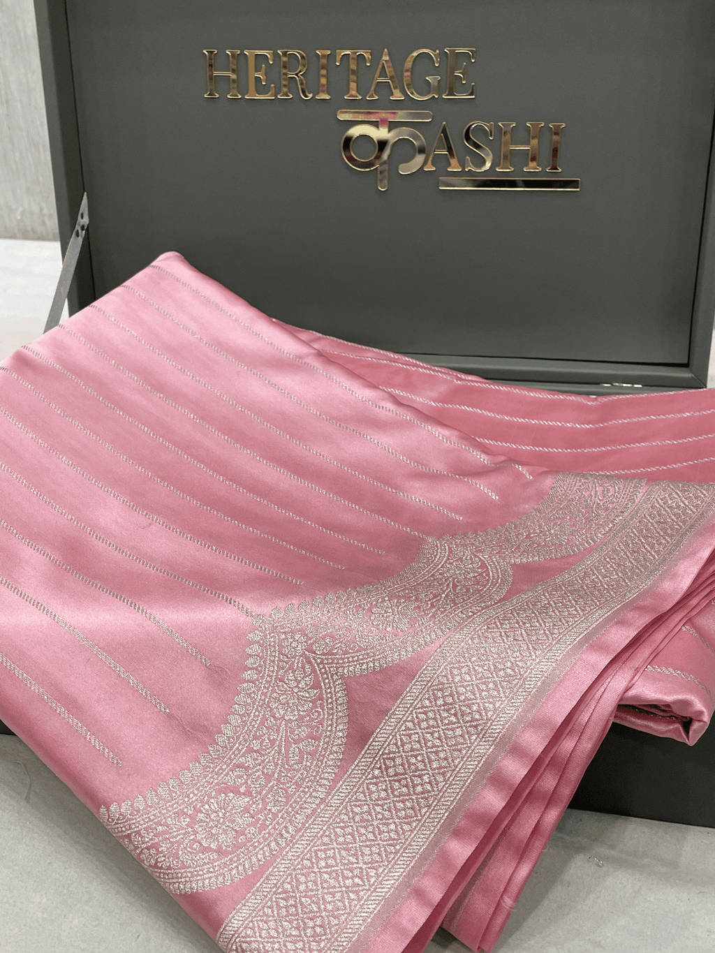 Baby Pink Mashru Katan Stripe Fancy U Border Silk Saree