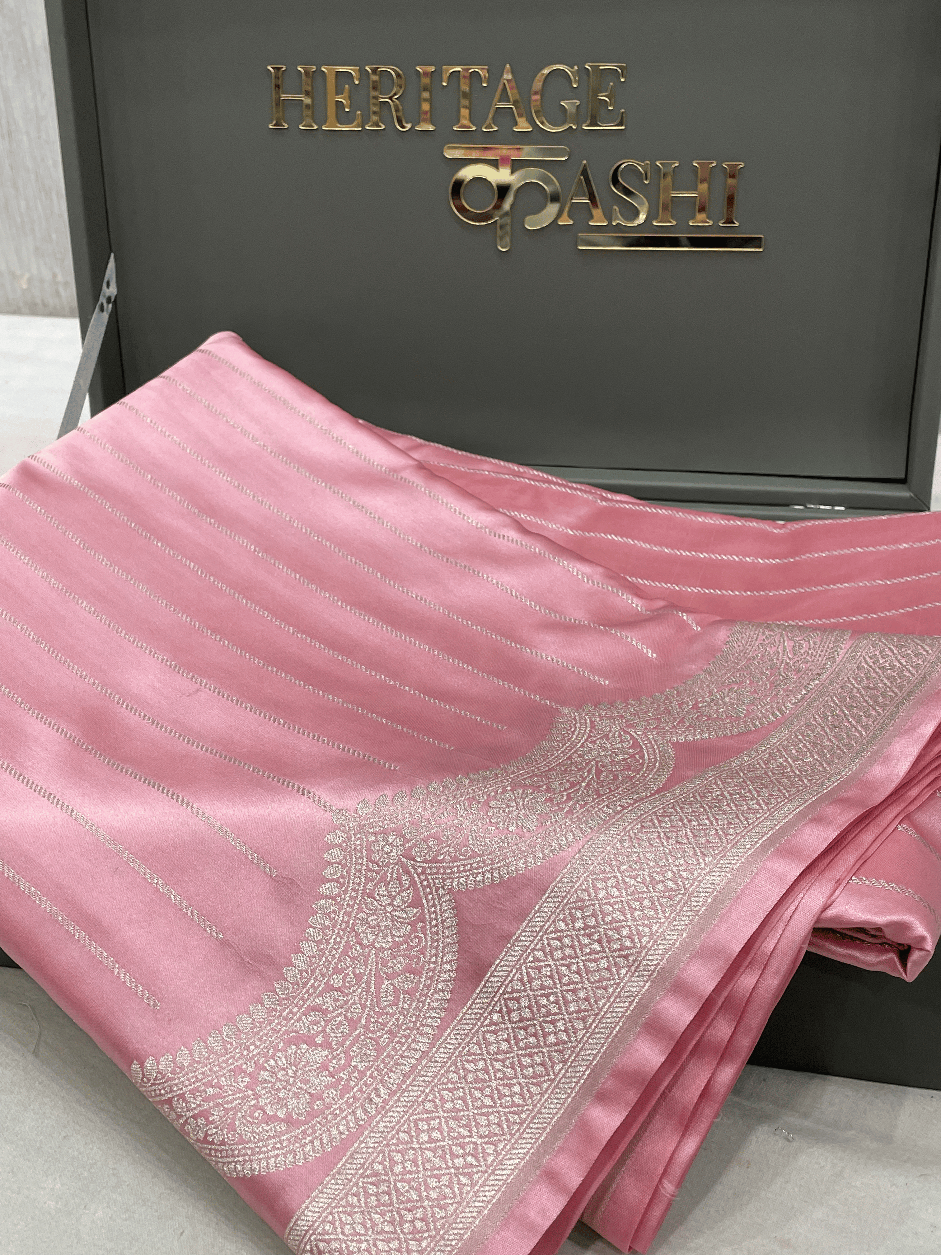 Baby Pink Mashru Katan Stripe Fancy U Border Silk Saree