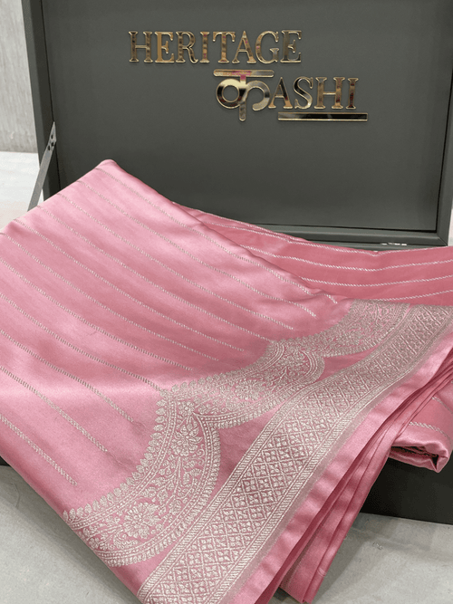 Baby Pink Mashru Katan Stripe Fancy U Border Silk Saree