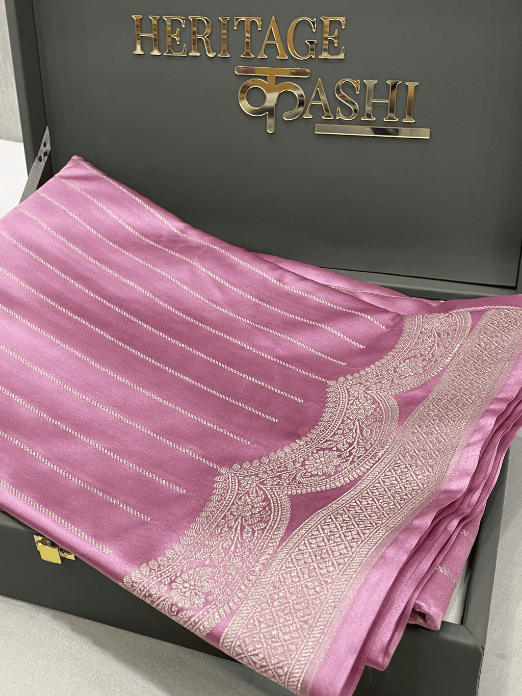 Pastel Pink Mashru Katan Stripe Fancy U Border Silk Saree