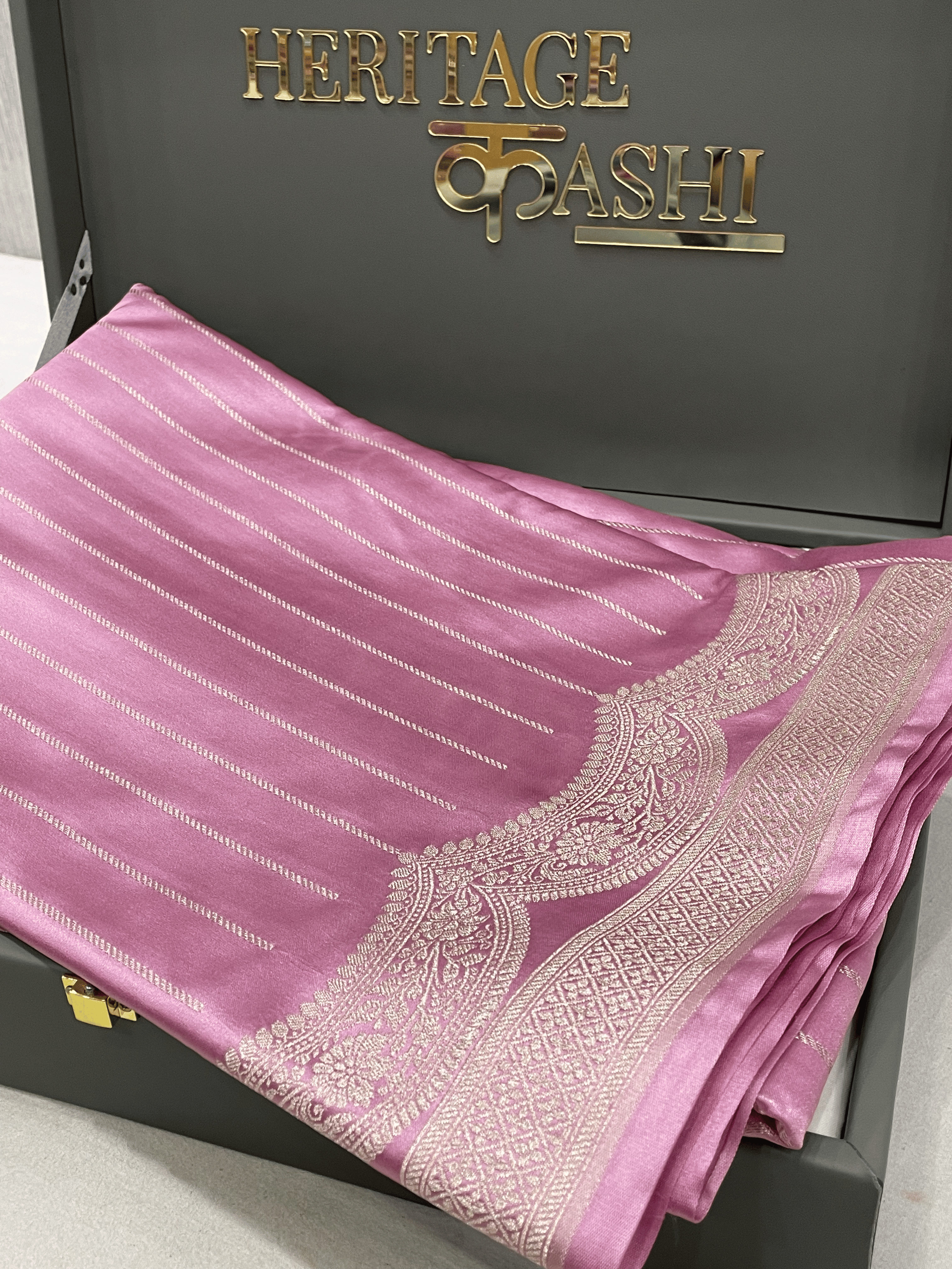Pastel Pink Mashru Katan Stripe Fancy U Border Silk Saree