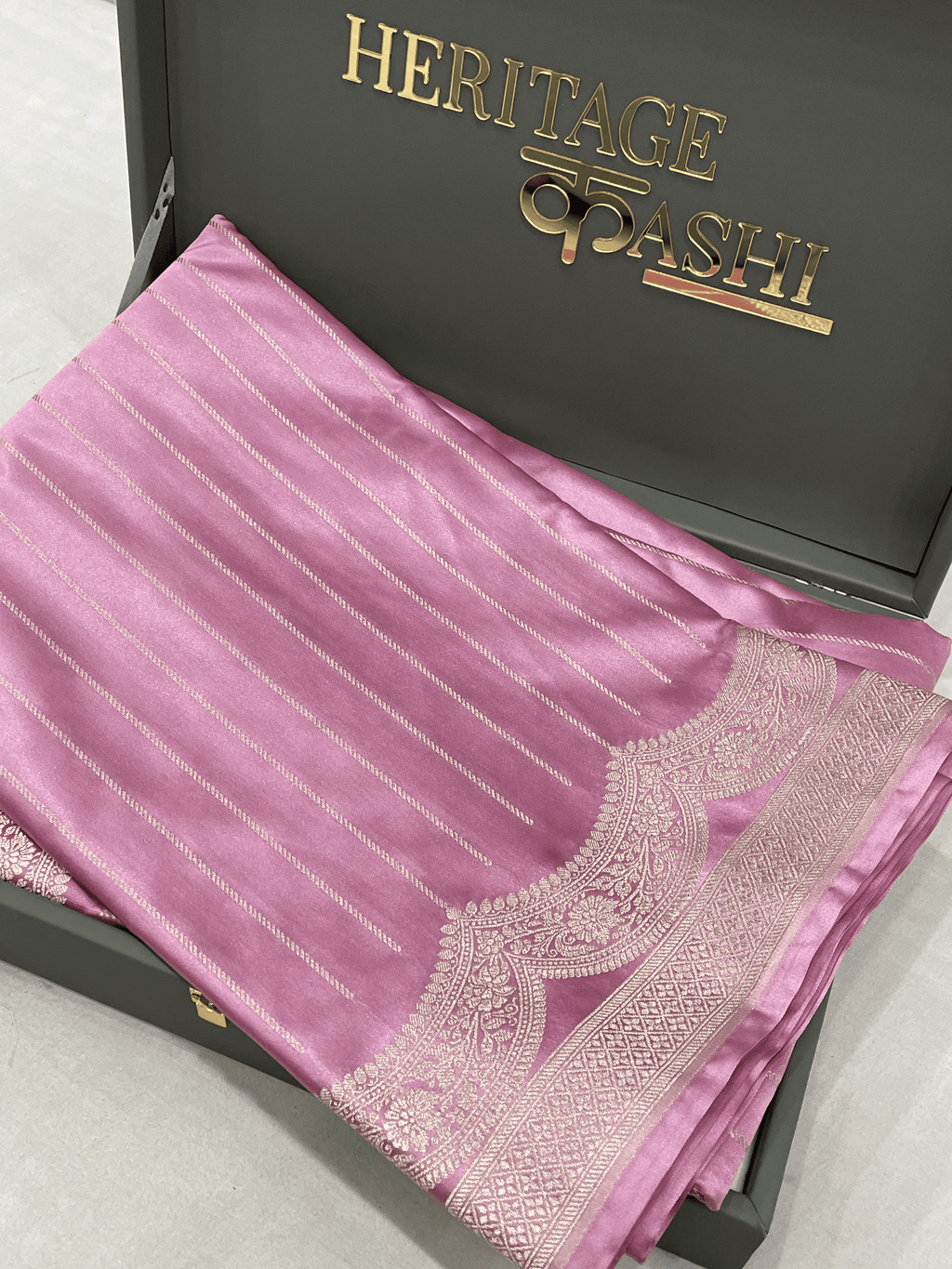 Pastel Pink Mashru Katan Stripe Fancy U Border Silk Saree