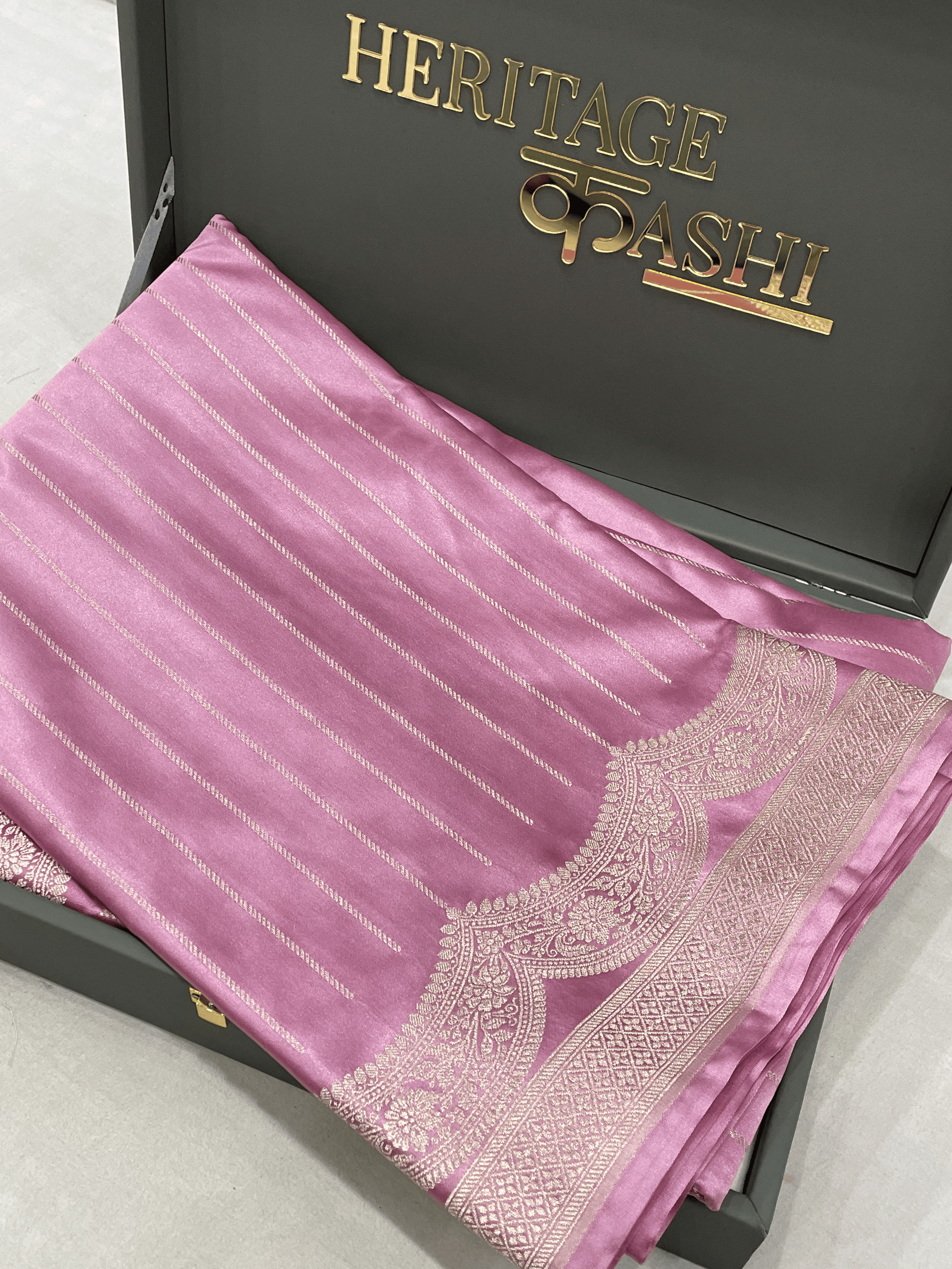 Pastel Pink Mashru Katan Stripe Fancy U Border Silk Saree