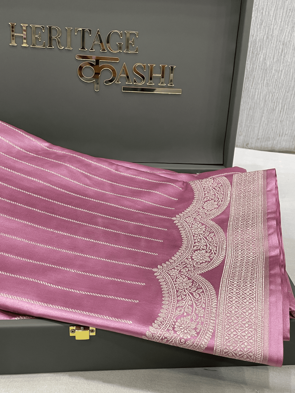 Pastel Pink Mashru Katan Stripe Fancy U Border Silk Saree