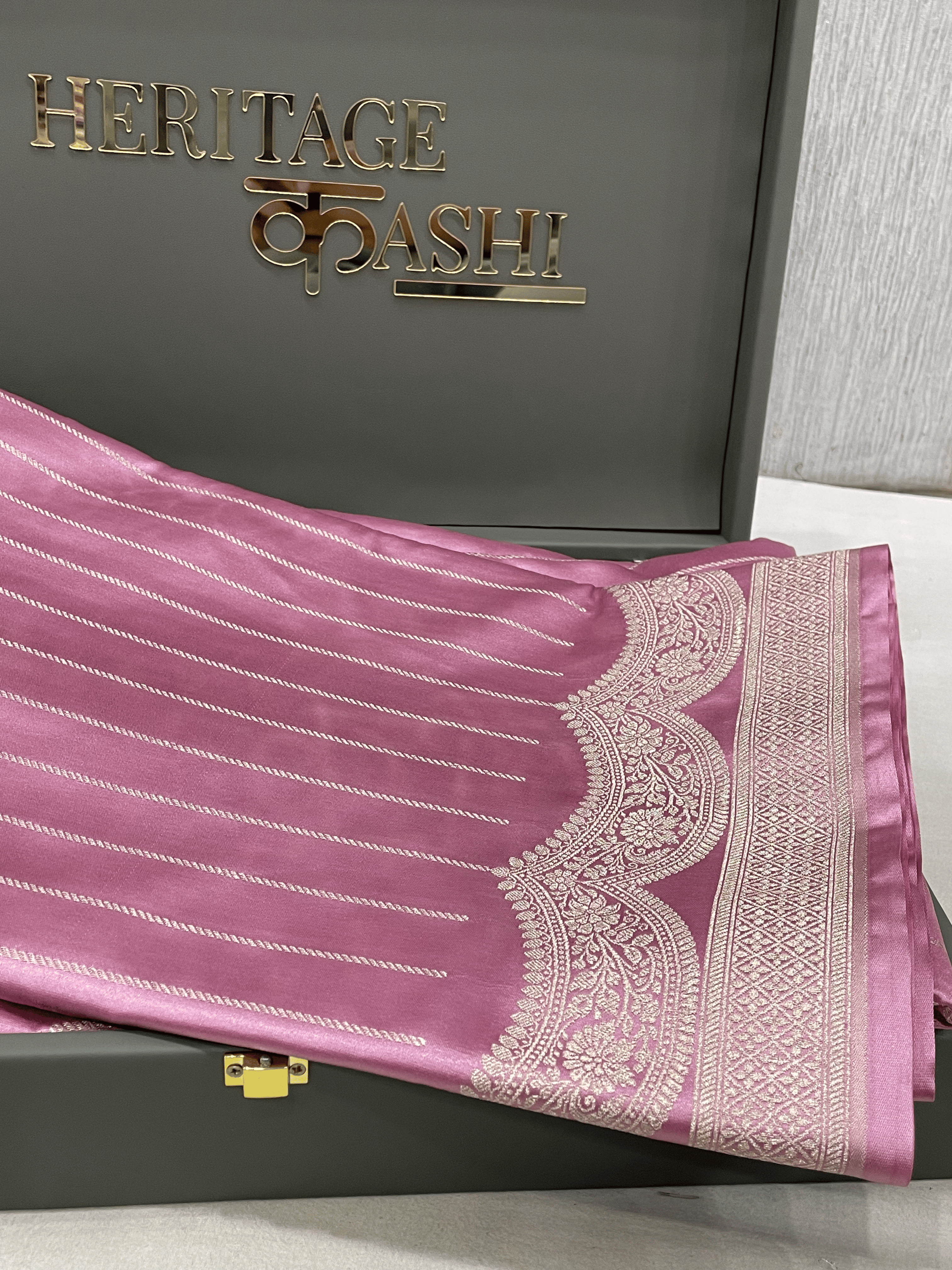 Pastel Pink Mashru Katan Stripe Fancy U Border Silk Saree