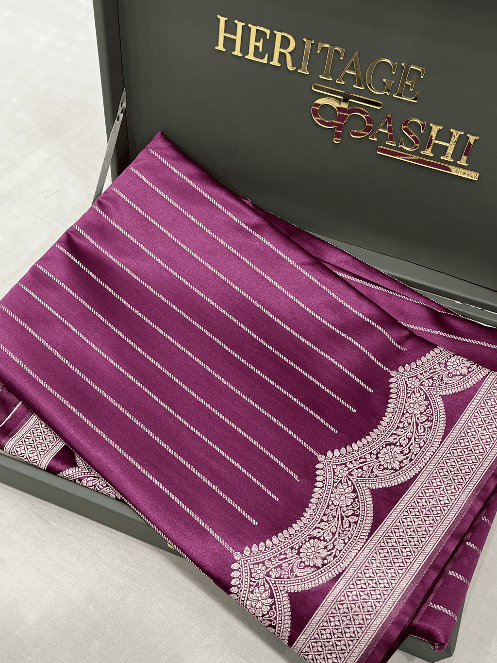 Wine Purple Mashru Katan Stripe Fancy U Border Silk Saree