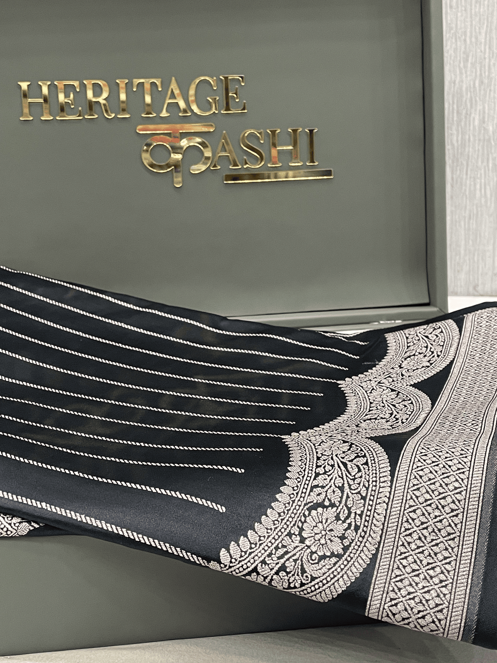 Black with silver Mashru Katan Stripe Fancy U Border Silk Saree