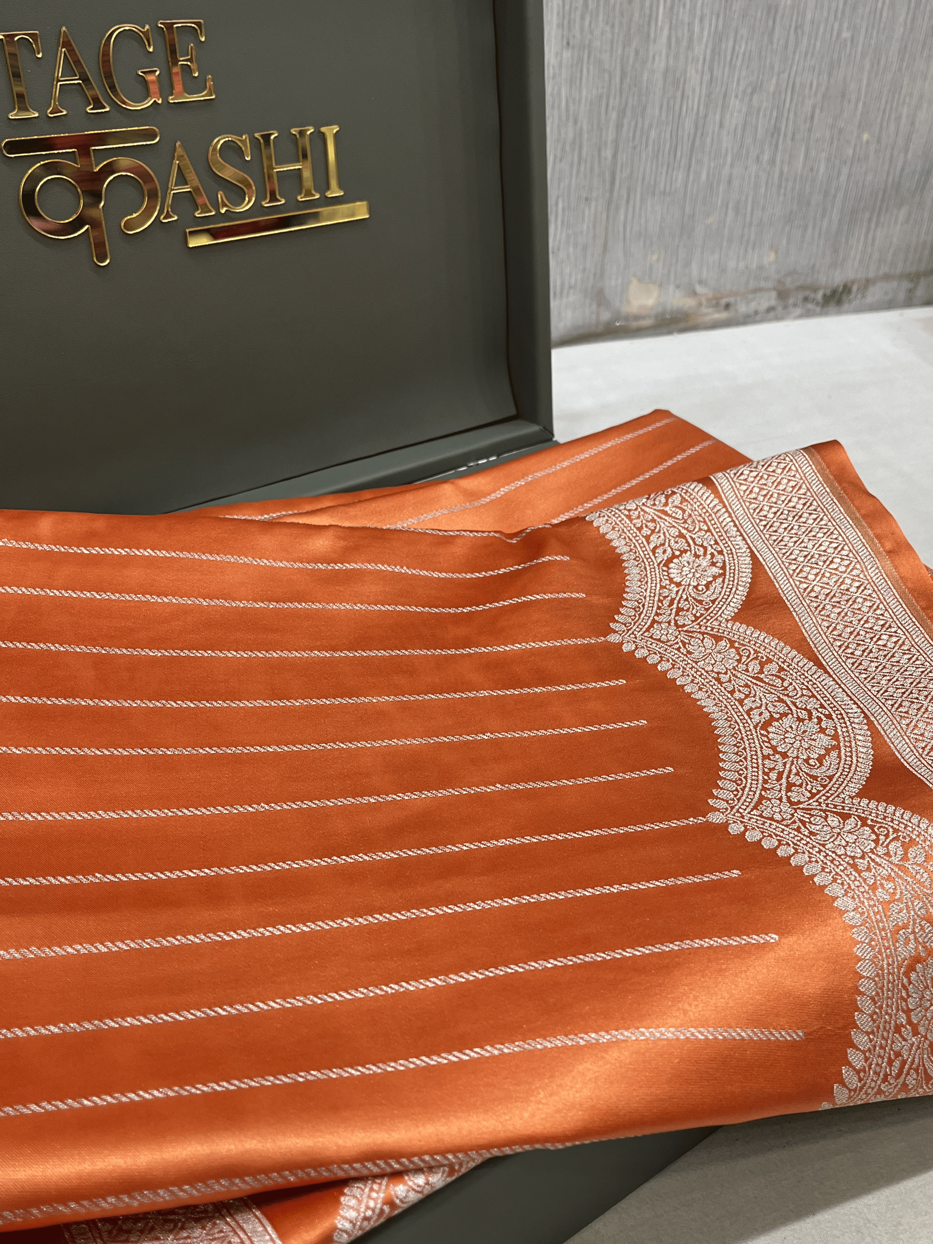 Orange Mashru Katan Stripe Fancy U Border Silk Saree