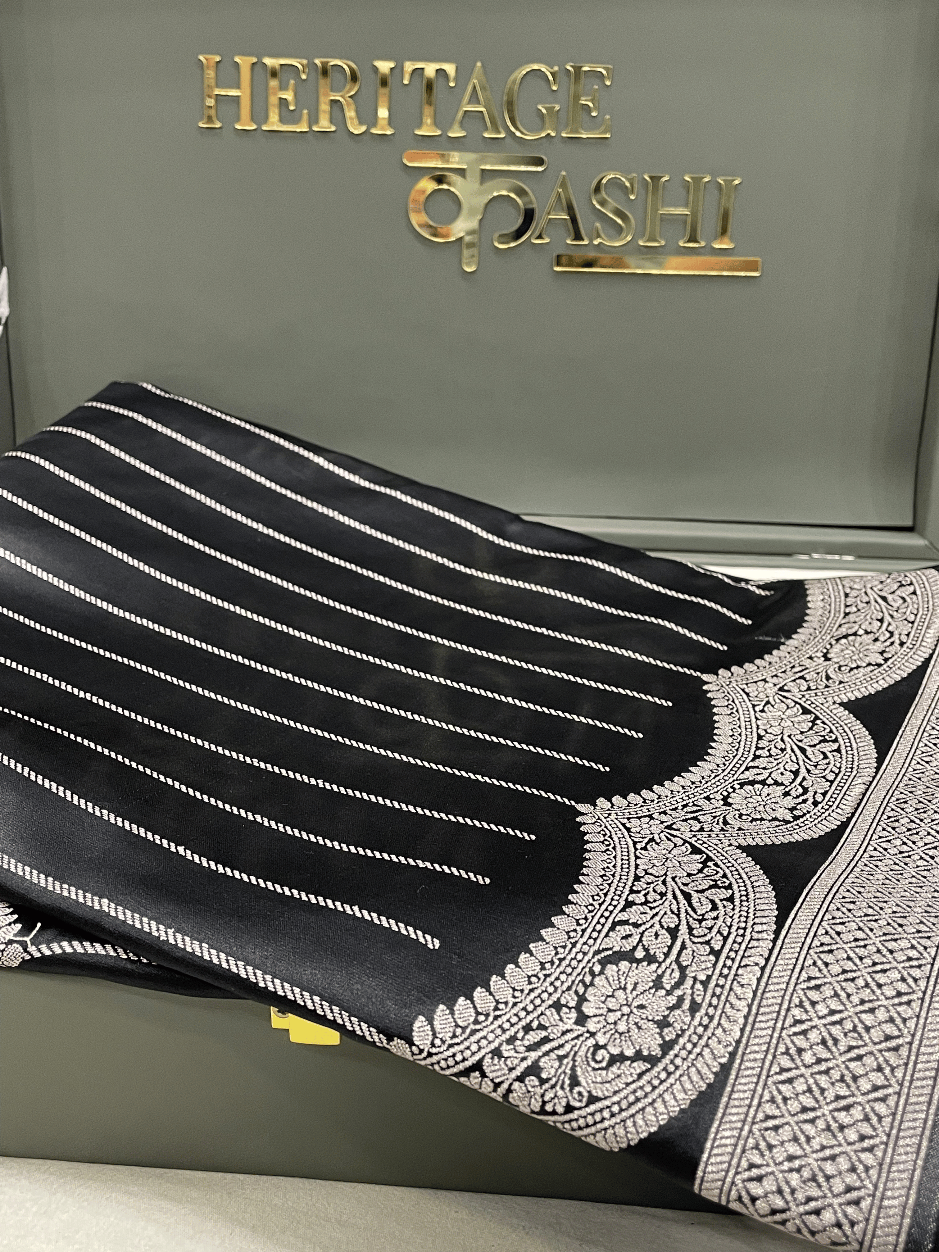 Black with silver Mashru Katan Stripe Fancy U Border Silk Saree
