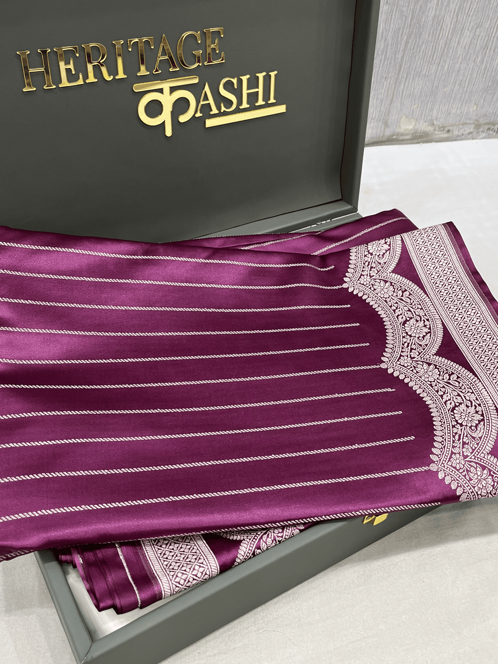 Wine Purple Mashru Katan Stripe Fancy U Border Silk Saree