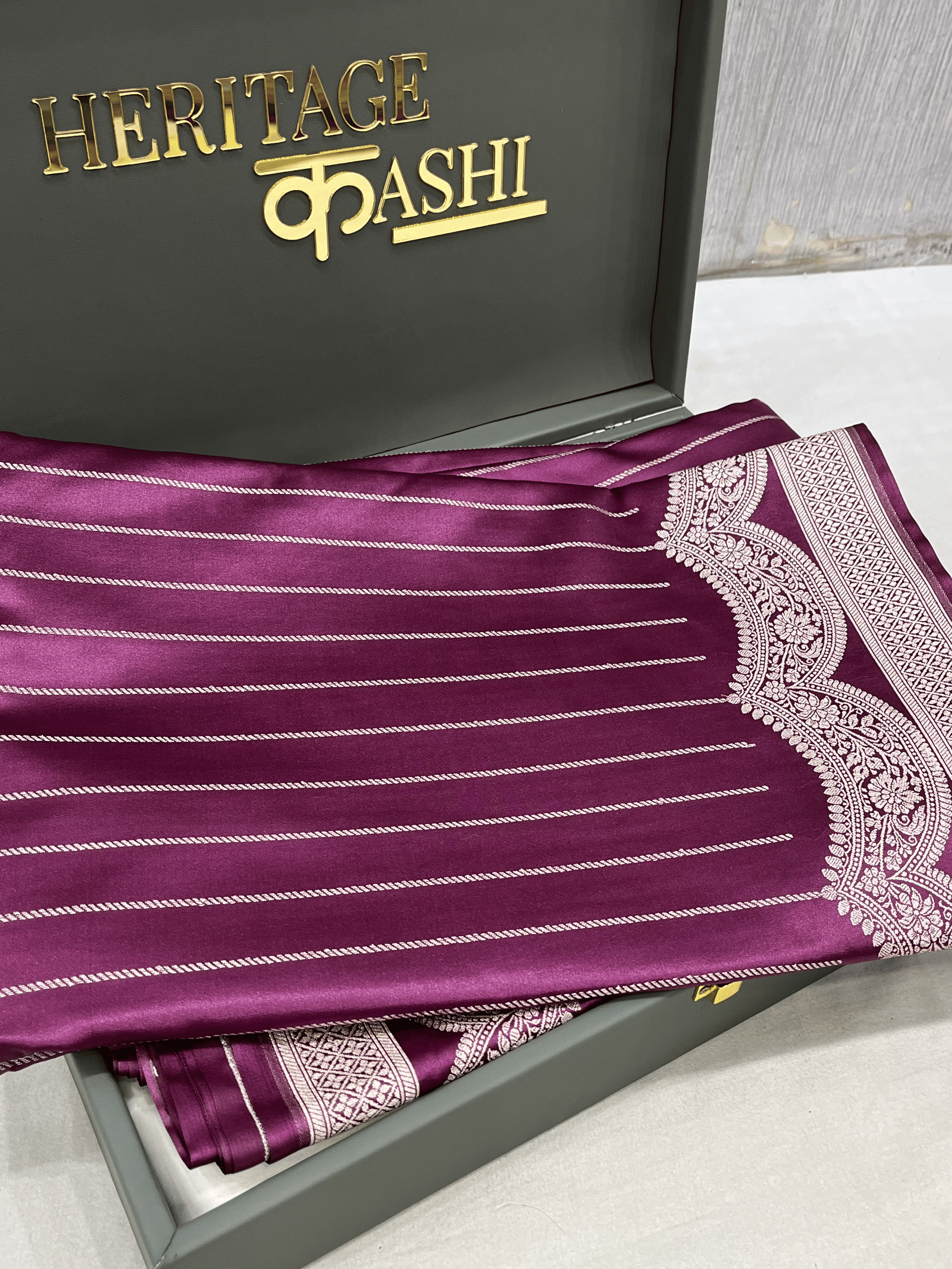 Wine Purple Mashru Katan Stripe Fancy U Border Silk Saree