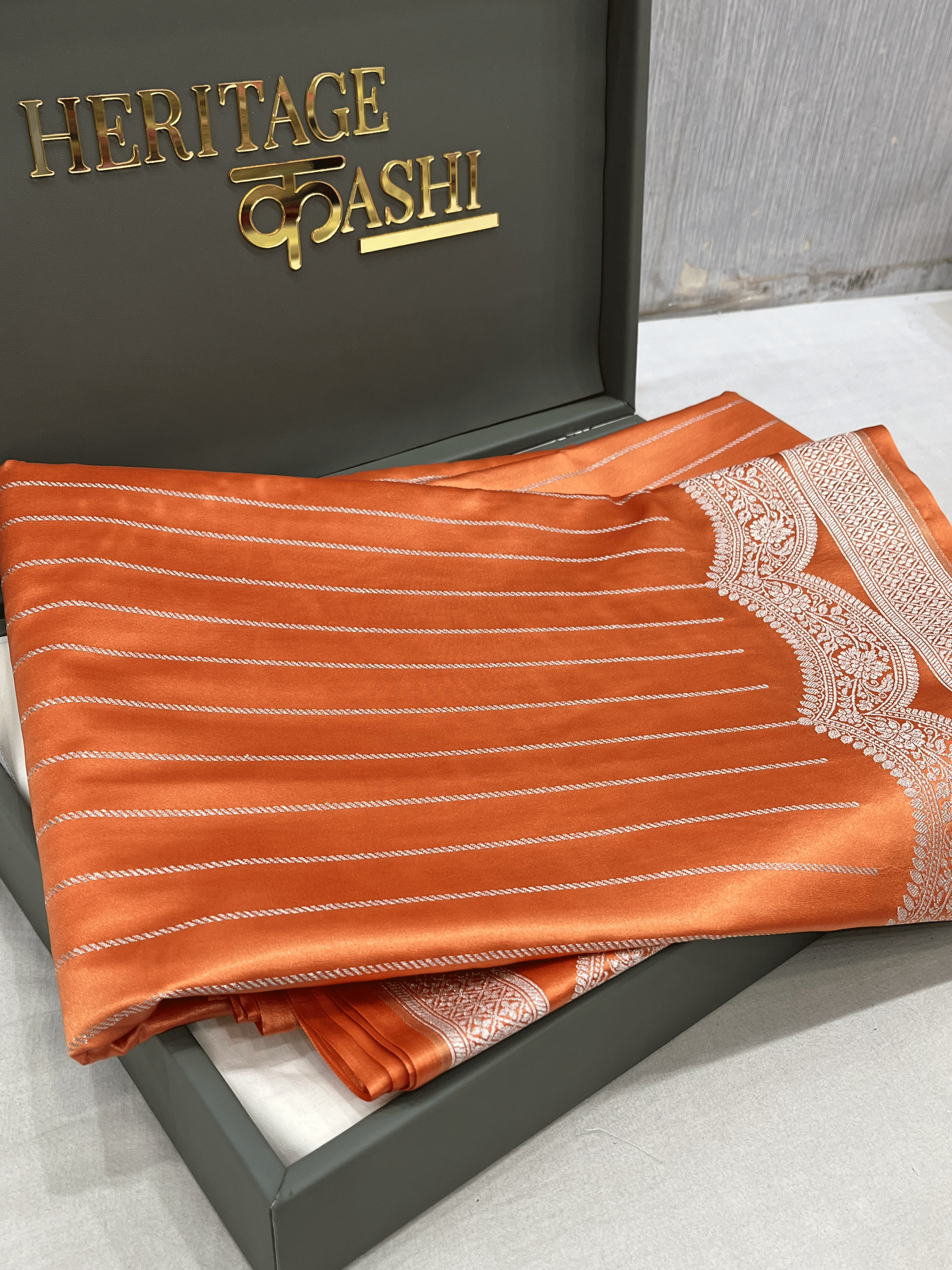 Orange Mashru Katan Stripe Fancy U Border Silk Saree