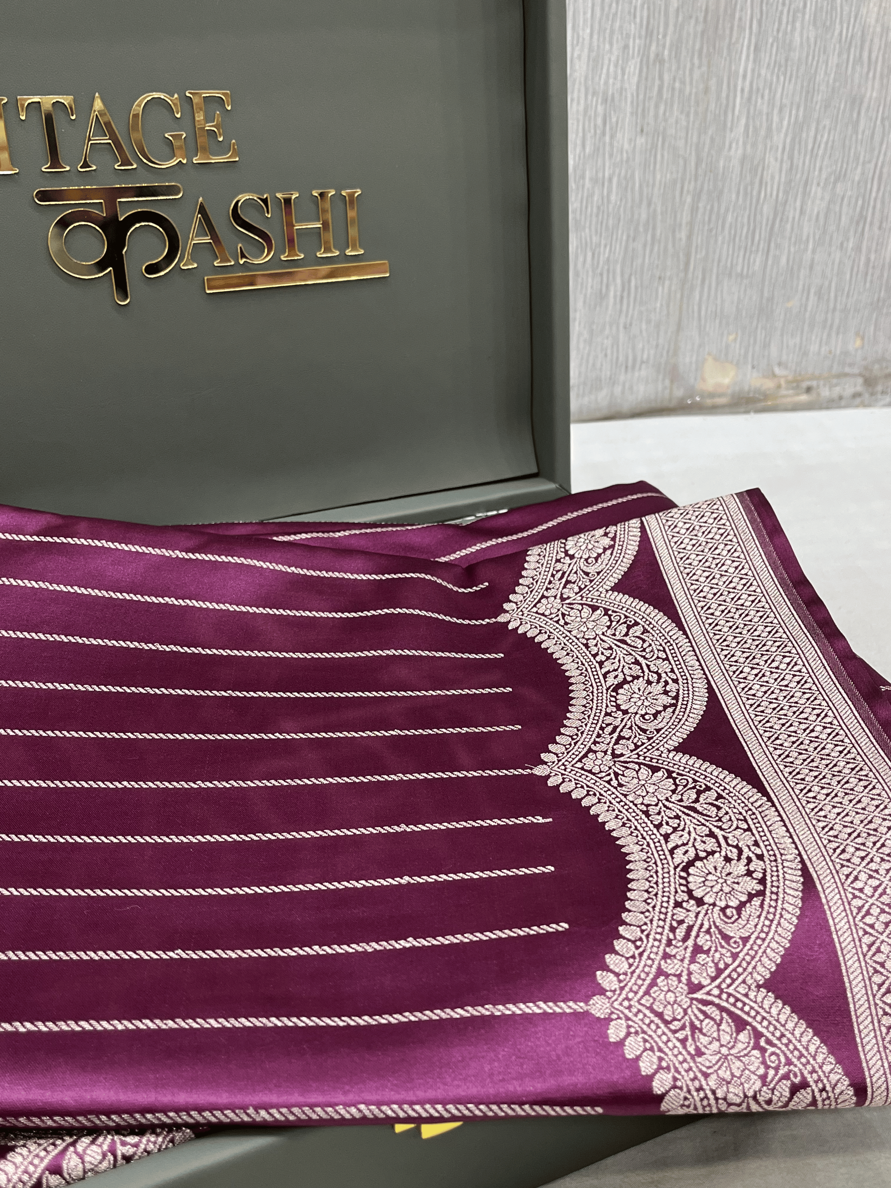 Wine Purple Mashru Katan Stripe Fancy U Border Silk Saree