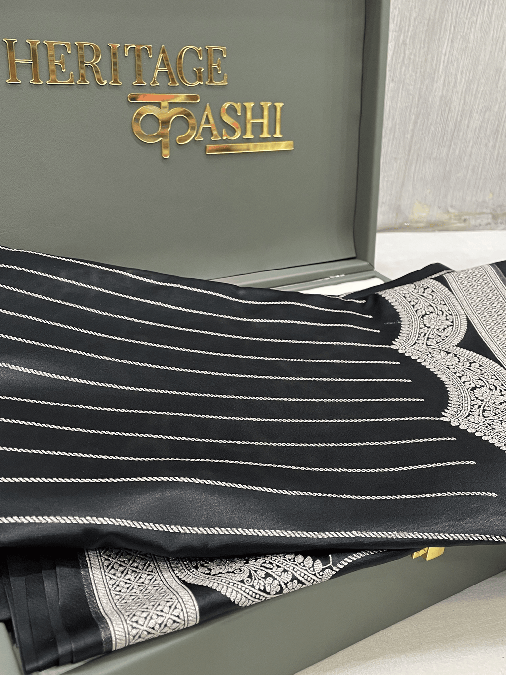 Black with silver Mashru Katan Stripe Fancy U Border Silk Saree