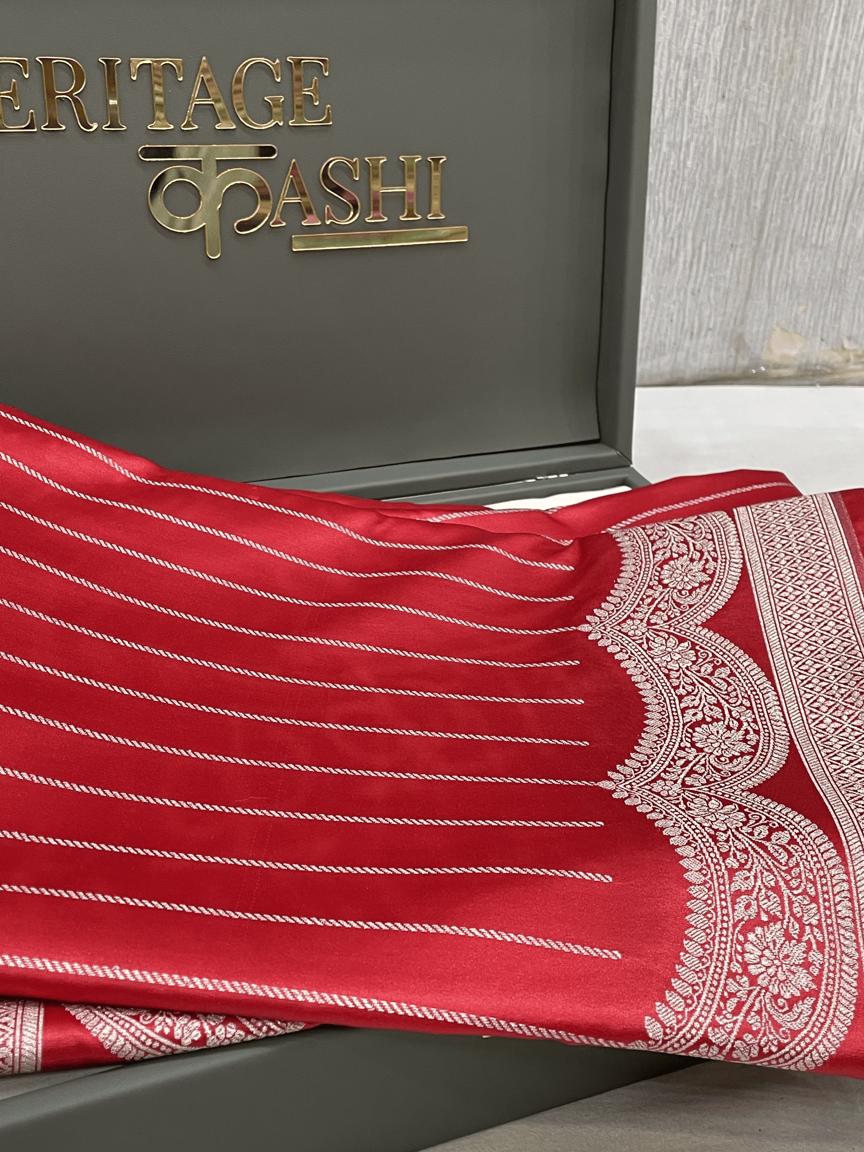 Rich Red Mashru Katan Stripe Fancy U Border Silk Saree