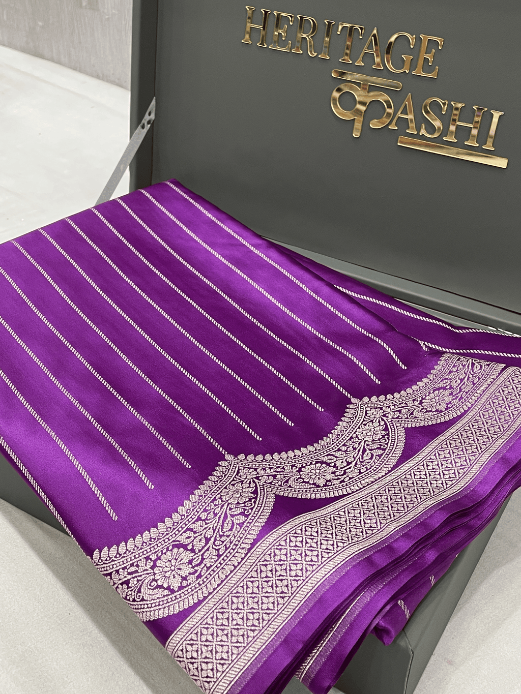 Vibrant Purple Mashru Katan Stripe Fancy U Border Silk Saree