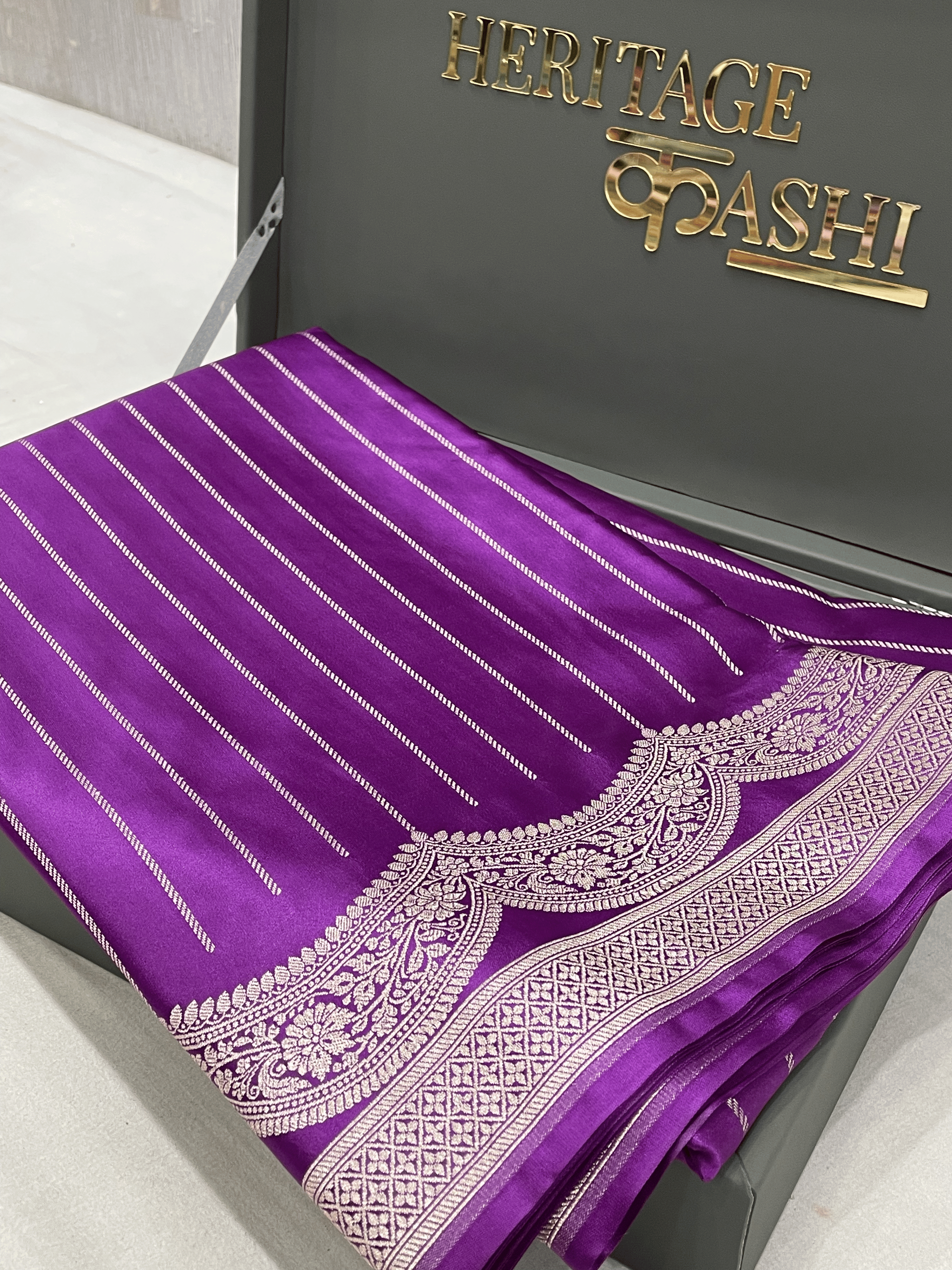 Vibrant Purple Mashru Katan Stripe Fancy U Border Silk Saree