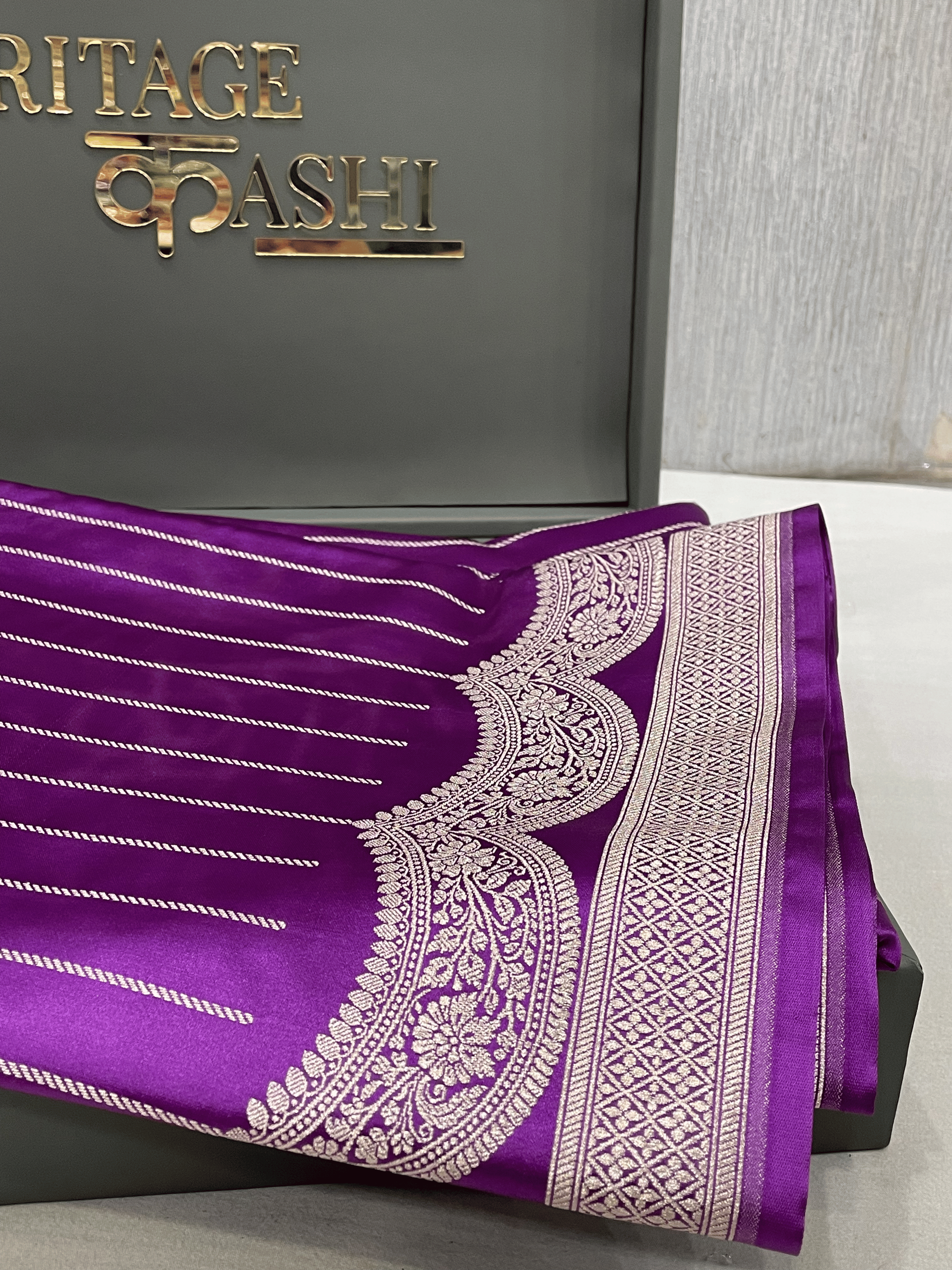 Vibrant Purple Mashru Katan Stripe Fancy U Border Silk Saree