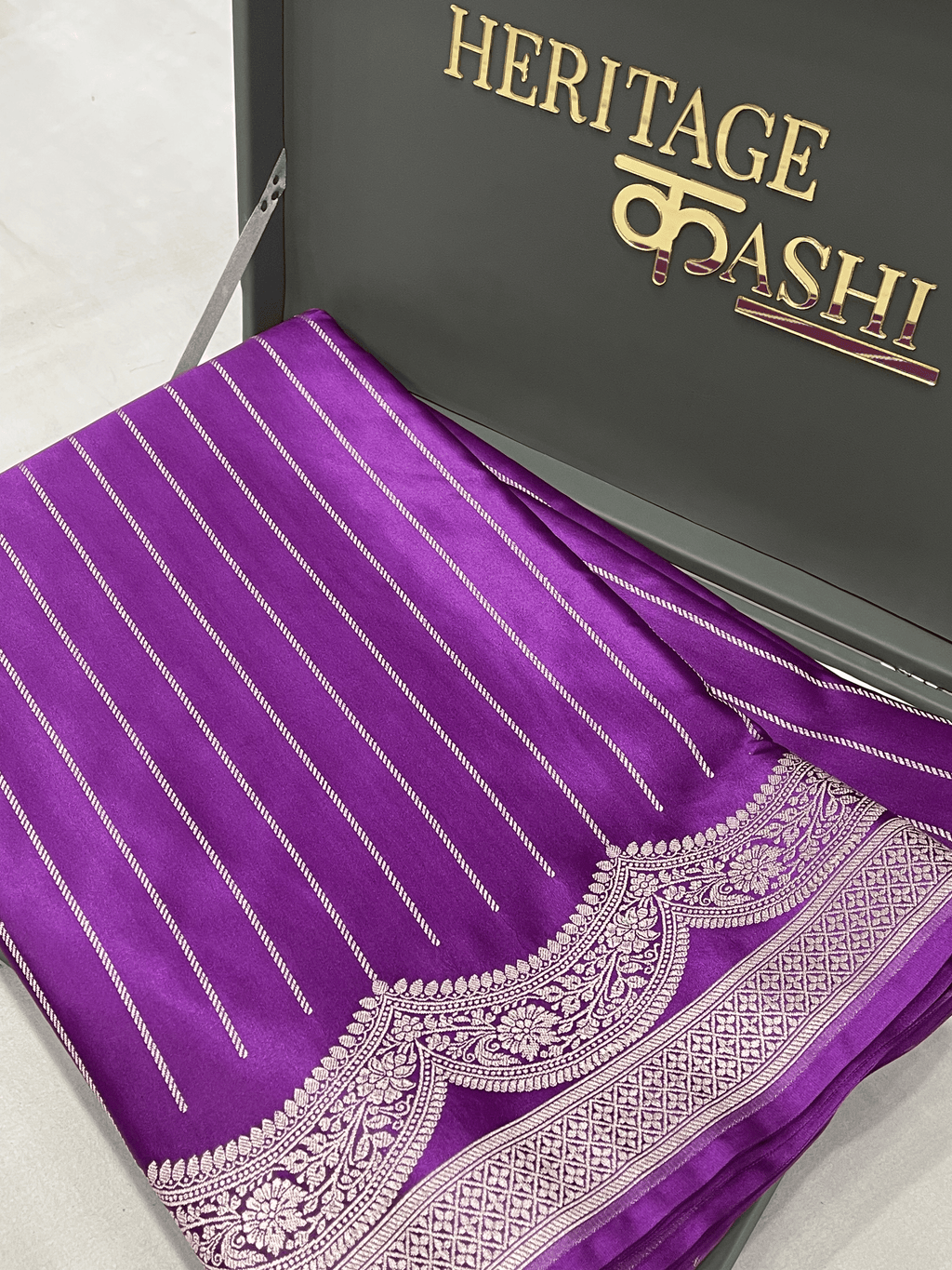 Vibrant Purple Mashru Katan Stripe Fancy U Border Silk Saree