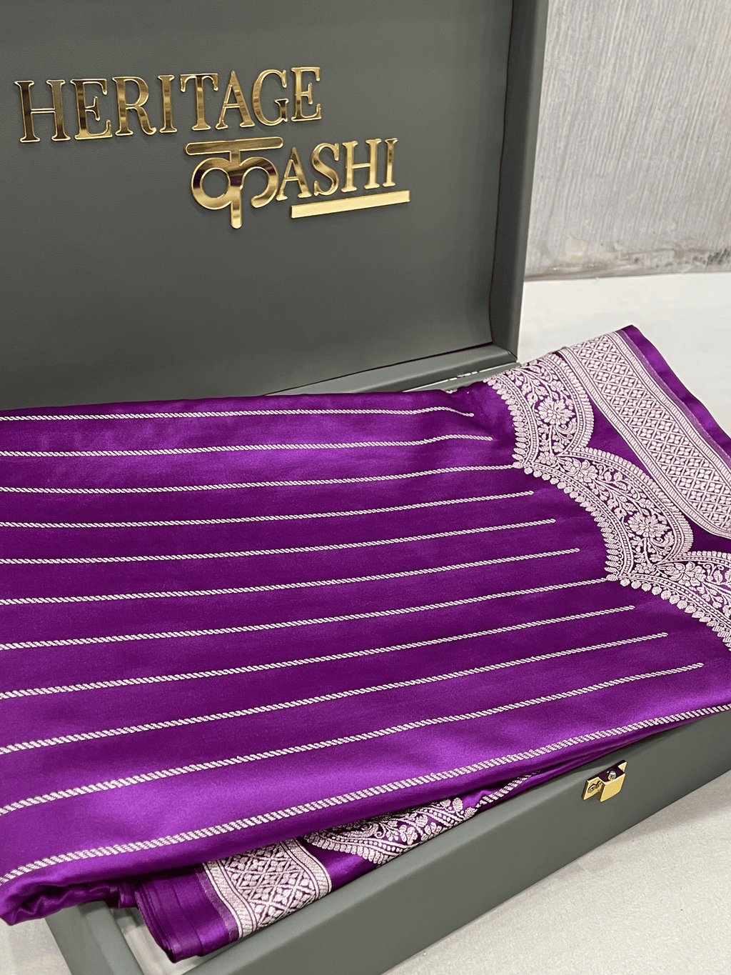 Vibrant Purple Mashru Katan Stripe Fancy U Border Silk Saree