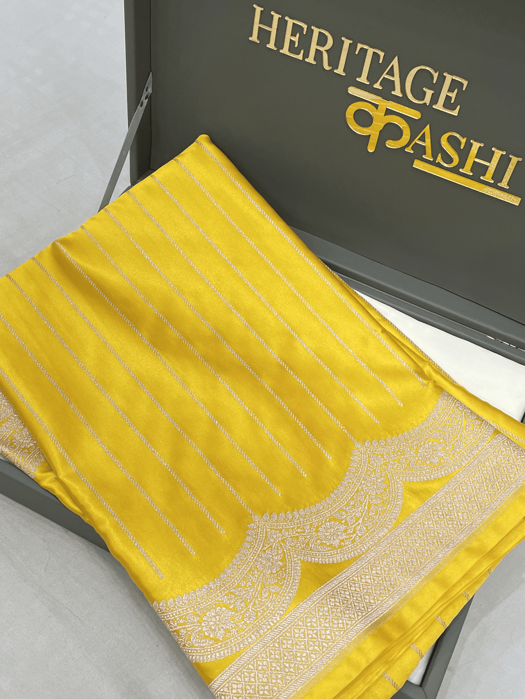 Bright Yellow Mashru Katan Stripe Fancy U Border Silk Saree